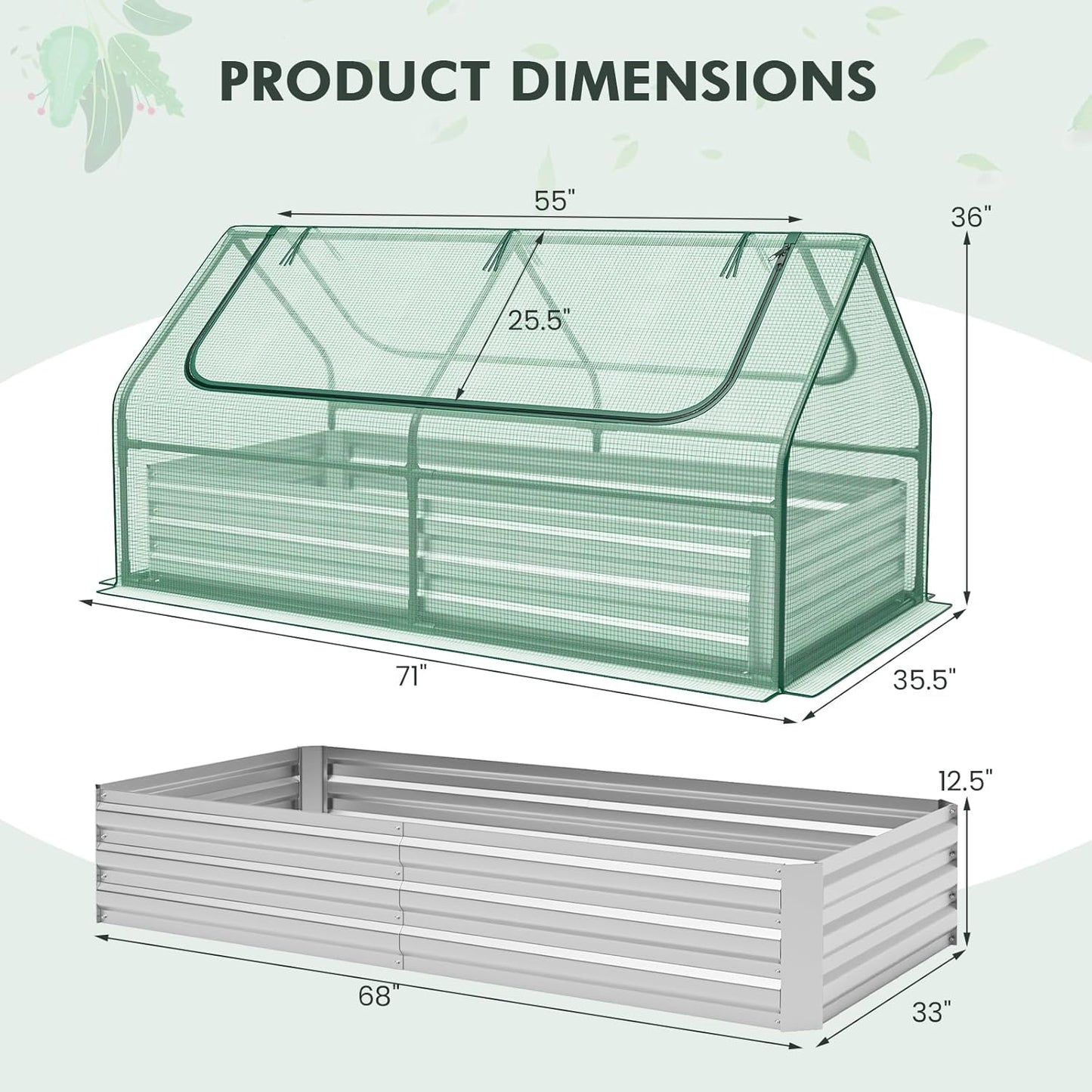 SAFSTAR Raised Garden Bed with Cover, 6FT x 3FT x 3FT Galvanized Bottomless Garden Bed with Greenhouse, Dual 2-Tier Roll-Up Windows, Outdoor Metal Planter Box Kit with Cover (Green)