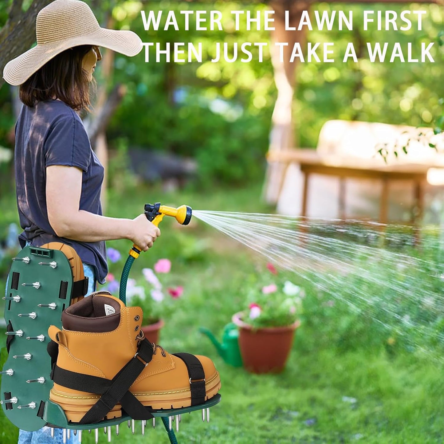 Aerator Shoes for Lawn, Long Spike Shoes for Self Levelling Floor with Hook & Loop Straps, Including Stainless Steel Shovel and Work Gloves, Spiked Aerating Sandals for Yard Patio Garden Grass Lawn