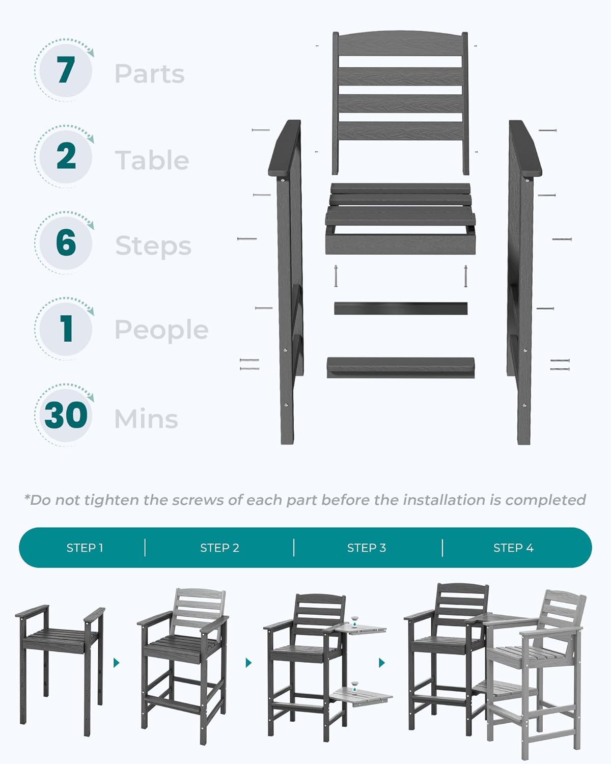 SERWALL Tall Adirondack Chairs Set of 2 with Connecting Table, Grey