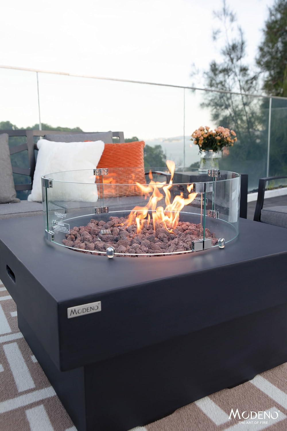 AMS Fireplace | Modeno Branford Package | Black Natural Gas Fire Pit Table for Outside Patio Bundle with Wind Guard, SS Burner Lid | Free Ice Bucket & Rubber Mat