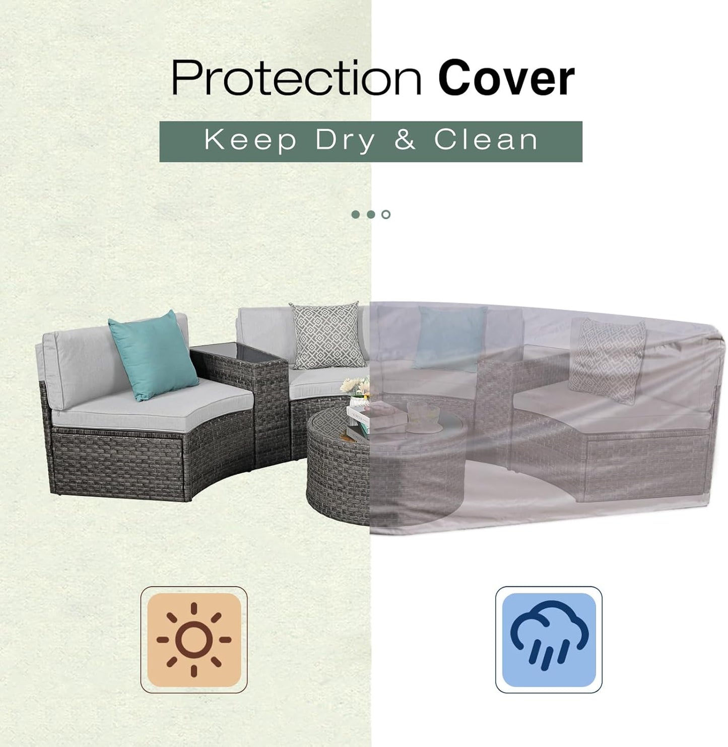 SUNSITT Outdoor Patio Furniture Sectional 7-Piece Half-Moon Curved Outdoor Sofa Set with Round Coffee Table, 4 Pillows & Waterproof Cover, Grey Rattan & Light Grey Cushion