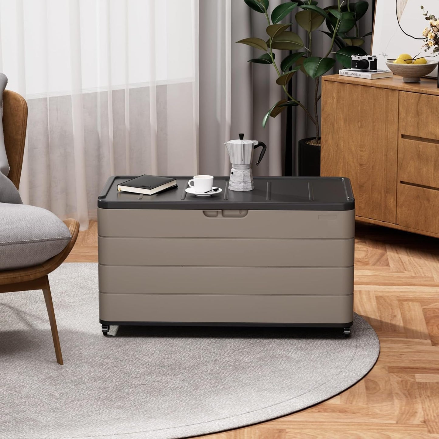 100GAL Brown Wicker-Textured Deck Box with Wheels – Lockable, Waterproof, UV-Resistant, Spacious Storage for Patio & Garden Supplies, Easy Handling