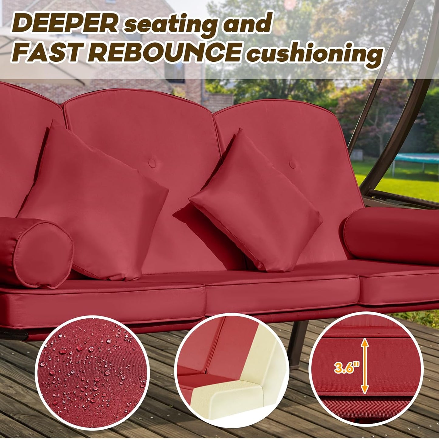 3 in 1 Outdoor Porch Swing with Adjustable Canopy, 3 Seat Outdoor Swing for Adults, Patio Swing Chair with Thickened Cushions,Pillows & Cup Holders for Backyard, Porch, Garden (Wine Red)