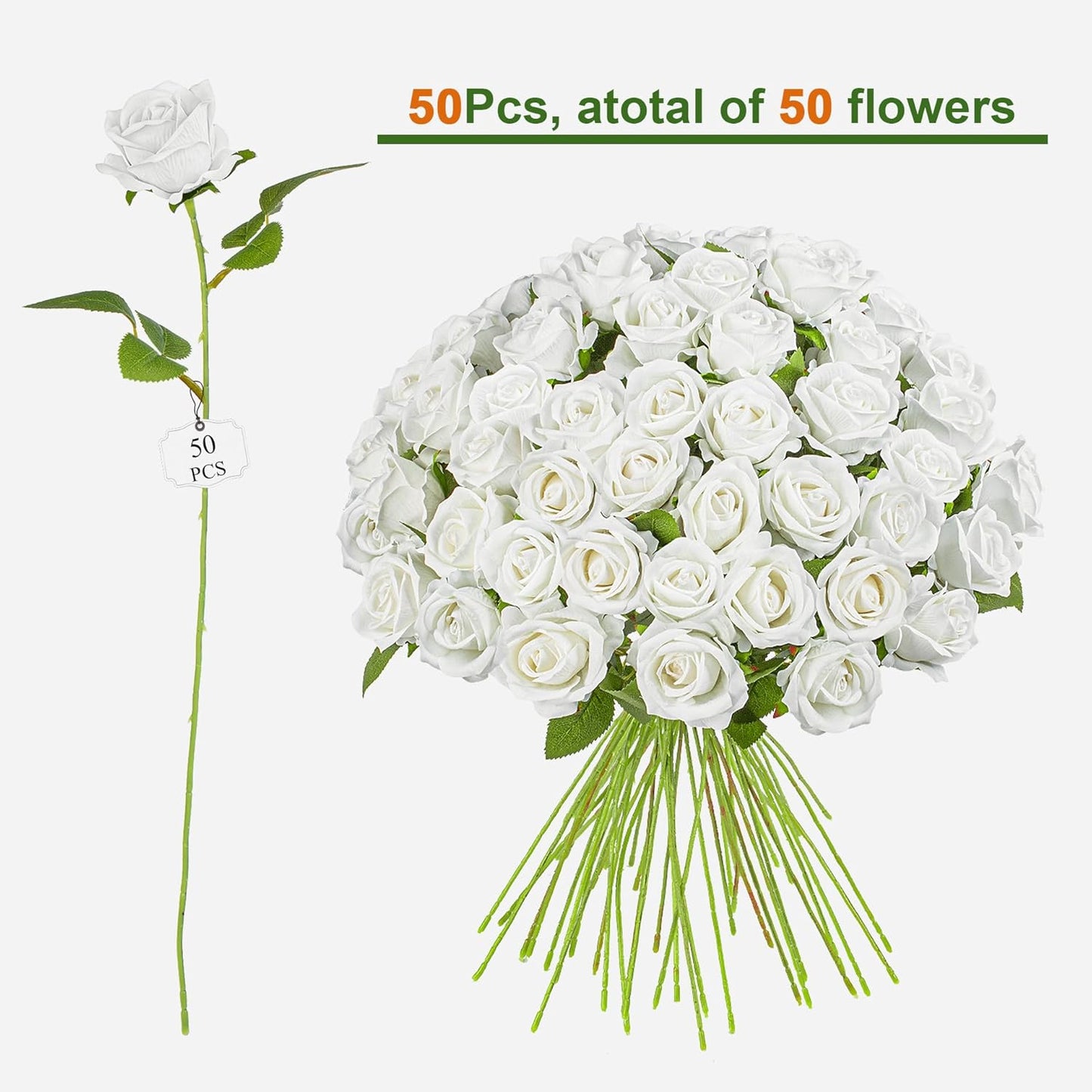 Fake Plants Roses Flowers Plastic Flowers Spring Decorations for Home Gifts for Gf Roses Artificial Flowers for Vase Fake Flowers Home Decor 19.6โ(50PCS White)