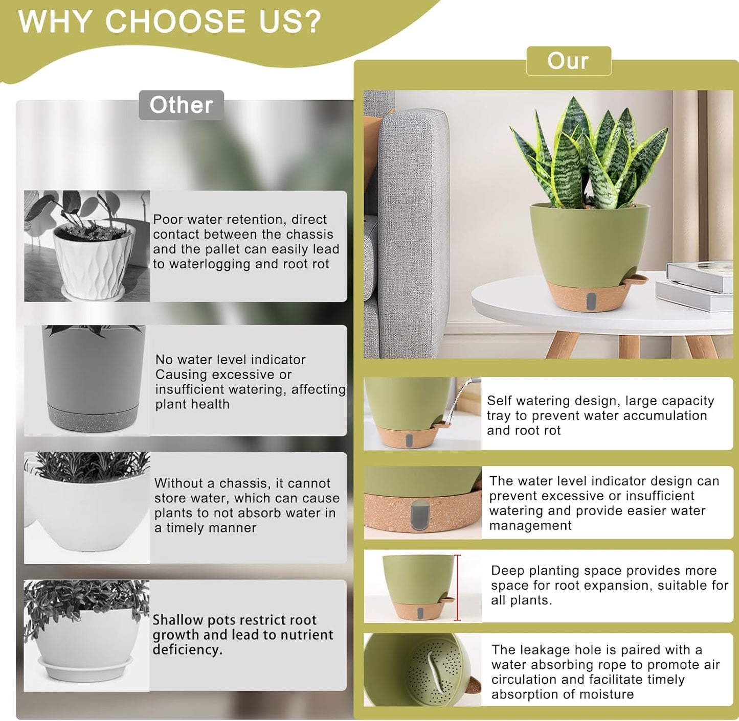 Plant Pots,12/10/9/8/ Inch Large Plastic Self Watering Flower Pots Indoor Outdoor with Drainage Holes, Deep Reservoir,Nursery Planting Pot for Indoor Out Door Plants