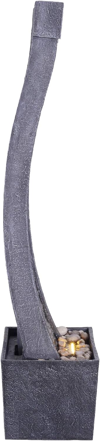 Teamson Home 38.58 in. Modern Curved Faux Slate Waterfall Fountain for Indoors or Outdoors with LED Light Accents and 1.98-Gallon Pump, Black and Stone Gray