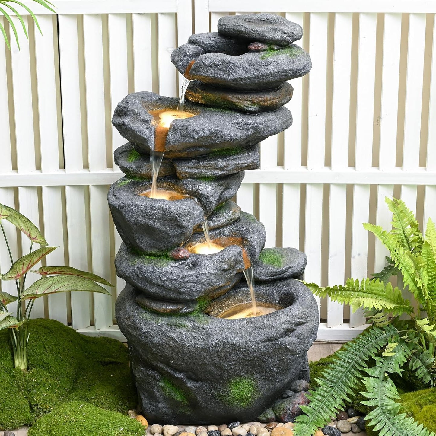 38" Outdoor Garden Water Fountain with Lights 5 Tiers Cascading Large Waterfall Floor Standing Fountain for Patio, Backyard, Deck, Porch and Home Art Decor