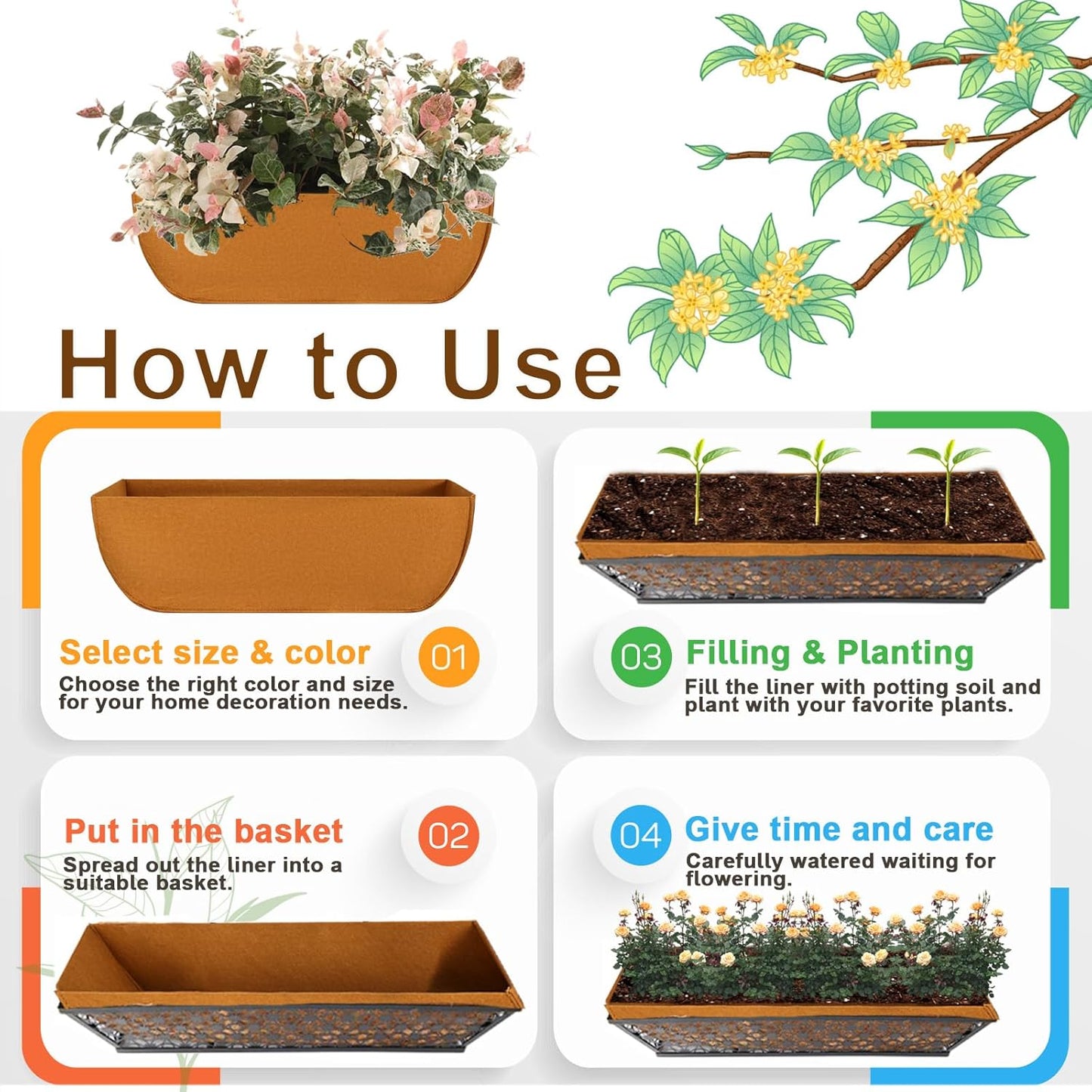 2-Pack 36in Planter Liners - Breathable Felt Hanging Basket and Window Box Liners - Prevent Root Suffocation and Bird Damage - Black