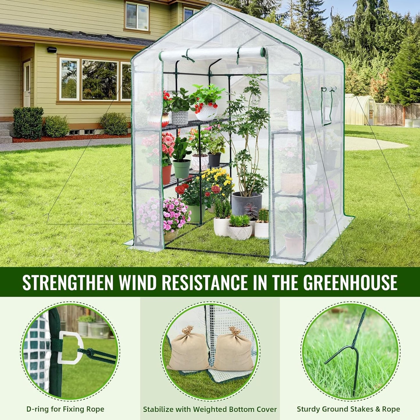 Greengro Greenhouse, 57 x 57 x 76'' Greenhouses for Outdoors, Portable Greenhouse Kit with Mesh Side Windows, PE Cover, 8 Shelves, Heavy Duty Walk in Green House for Backyard Garden Indoor Outside