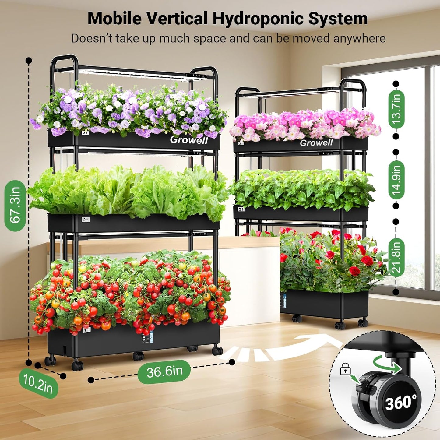Growell Large Hydroponics Growing System Kit, 90 Pods Vertical Hydroponic Garden with 2 Light Modes Grow Light, Auto Circulating Water System, 40L Indoor Gardening System for Herb Vegetable Fruit