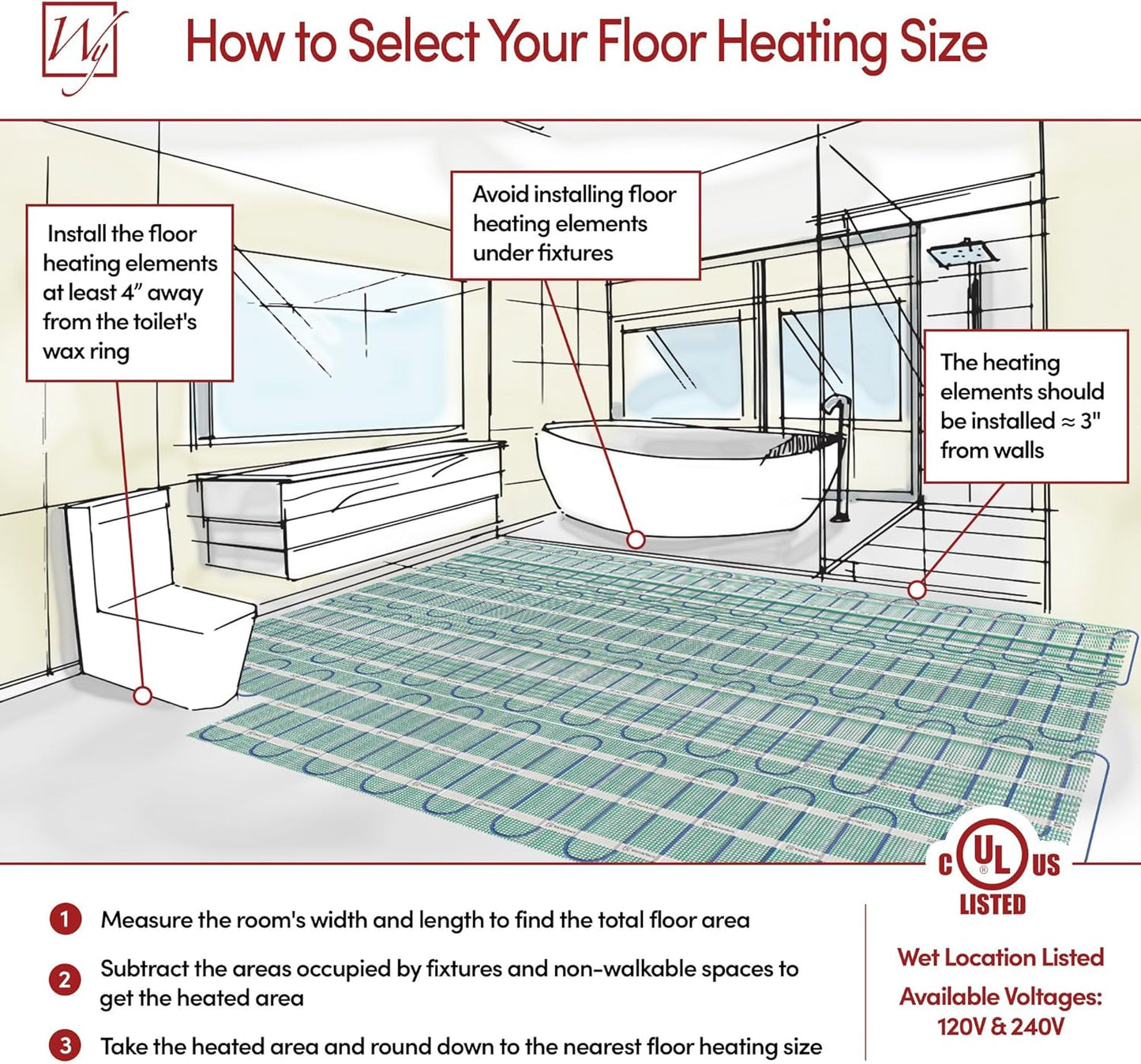 114 Sqft Heated Floor Mat Kit with Radiant Floor Heating System Thermostat UTN5, Two Sensors, Tester, 240V Electric Radiant Floor Heating Mat installs under Bathroom Tile, Vinyl - WarmlyYours TempZone