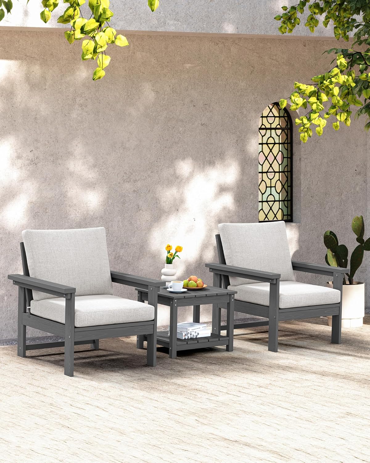 SERWALL Outdoor Patio Sofa Set, 2-Piece HDPE Single Seat Outdoor Sofa Chair with Padded Cushions, Gray Frame with Beige Cushion