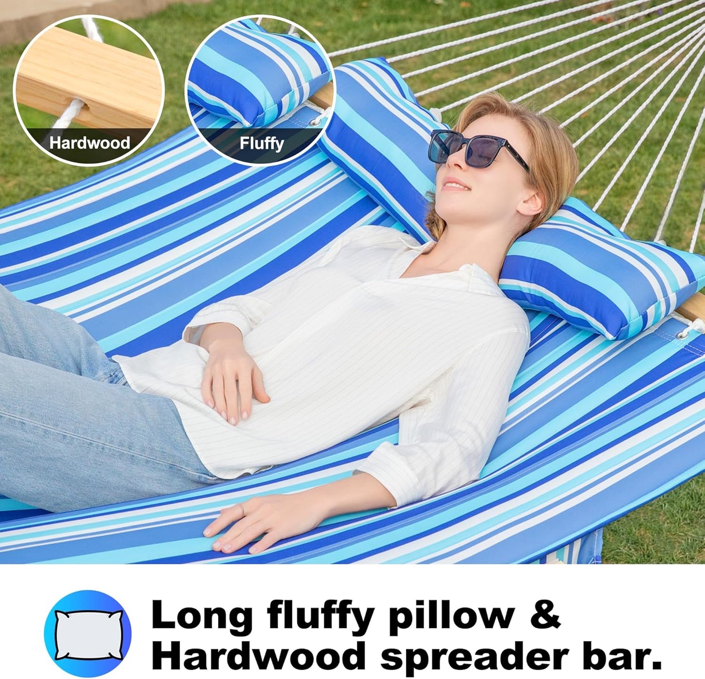 Double Quilted Fabric Tree Hammock with Spreader Bar, 14ft Hammocks 2 Person for Outside, Fits 12ft -14ft Hammock Stand, Large Pillow, Side Pocket & Carabiner, Max 475 lbs Capacity (Ocean Blue)