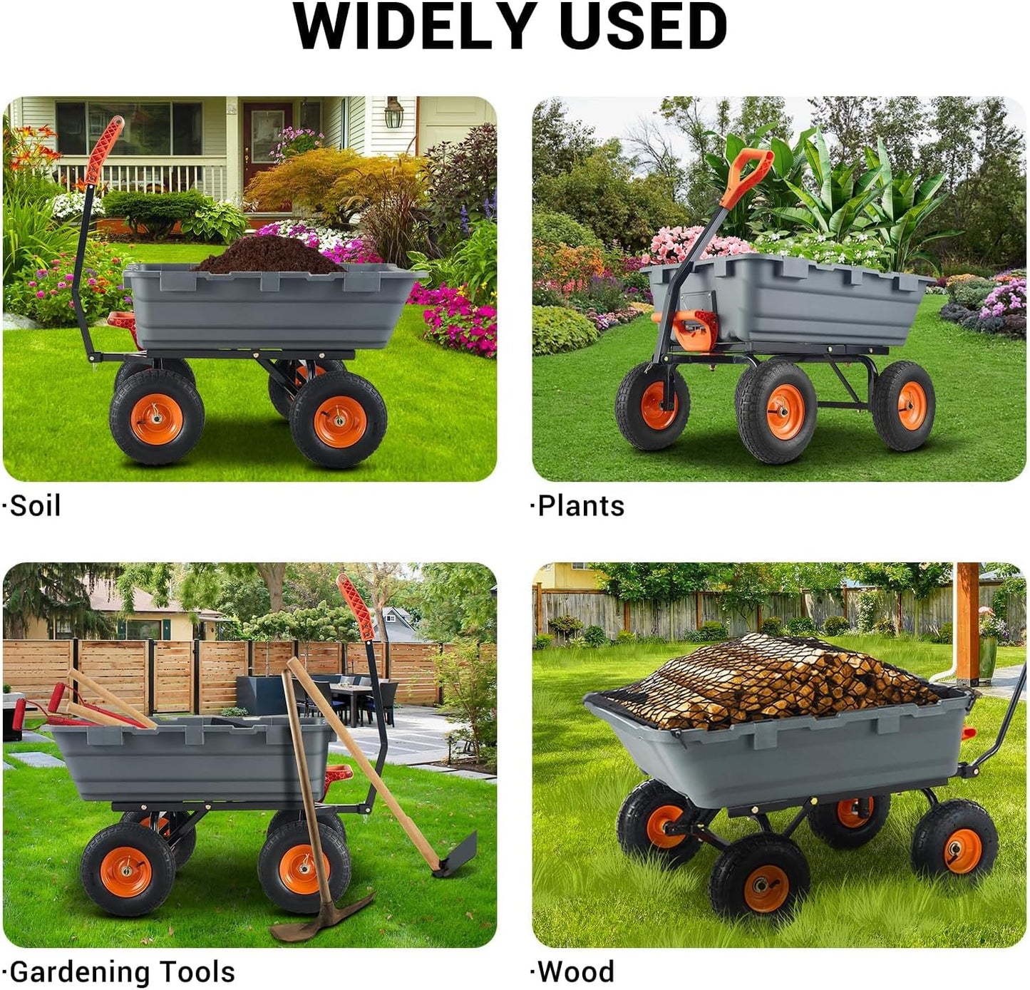 Garvee 800 lbs Poly Garden Dump Cart, Heavy-Duty Wheelbarrow with 10-Inch Tires, 180° Rotating Handle, Steel Frame and Quick Release System Garden Dump Cart for Soil Plants Gardening Tools Wood