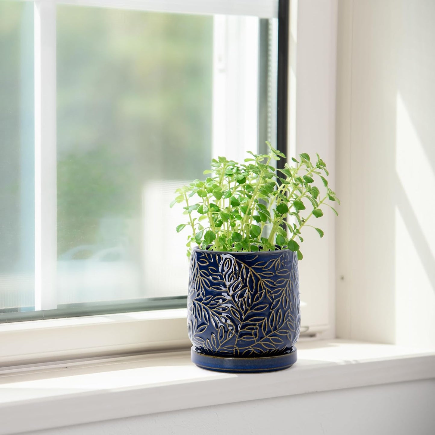 D'vine Dev 4 Inch Embossed Leaves Stoneware Planter Pot with Drainage Hole and Saucer, Midnight Blue, 27-A-Z-3