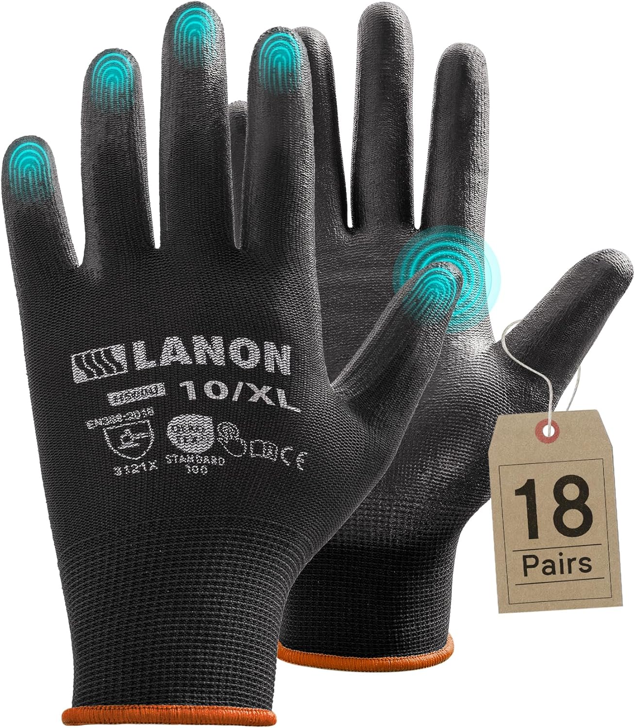 LANON Safety Work Gloves for Men and Women, 18 Pairs Mechanic Black Working Gloves with Grip Odorless PU Coated, Seamless Knit, Full Fingertip Touchscreen for Light Duty Working Gloves, X-Large