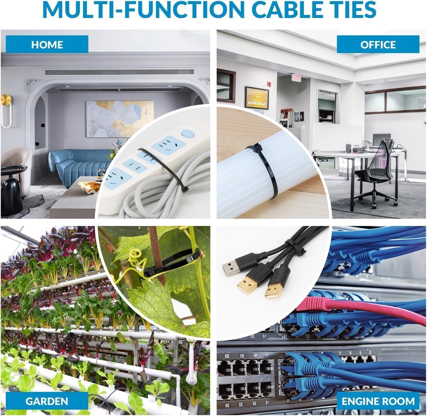 XINGO 8 Inch Silver Zip Ties Heavy Duty 100 Pack, 120 LBS Tensile Strength, Premium Nylon Cable Wire Ties, Self-locking Plastic Ties for Indoor and Outdoor Use