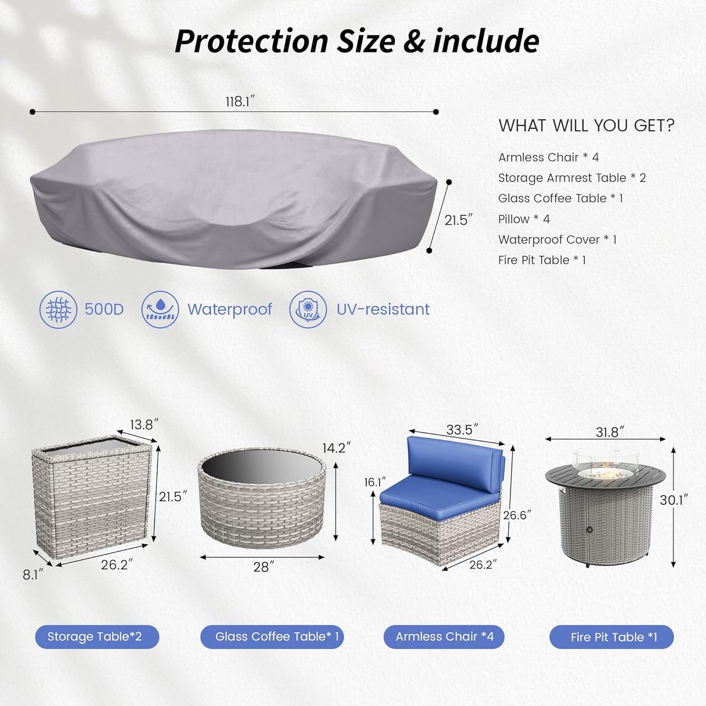 Patio Sectional Furniture Outdoor 8-Piece Grey Rattan Curved Sofa Set with Fire Pit Table,Storage Table,Pillows,Fit for Pool Backyard Balcony Porch Lawn (Navy)