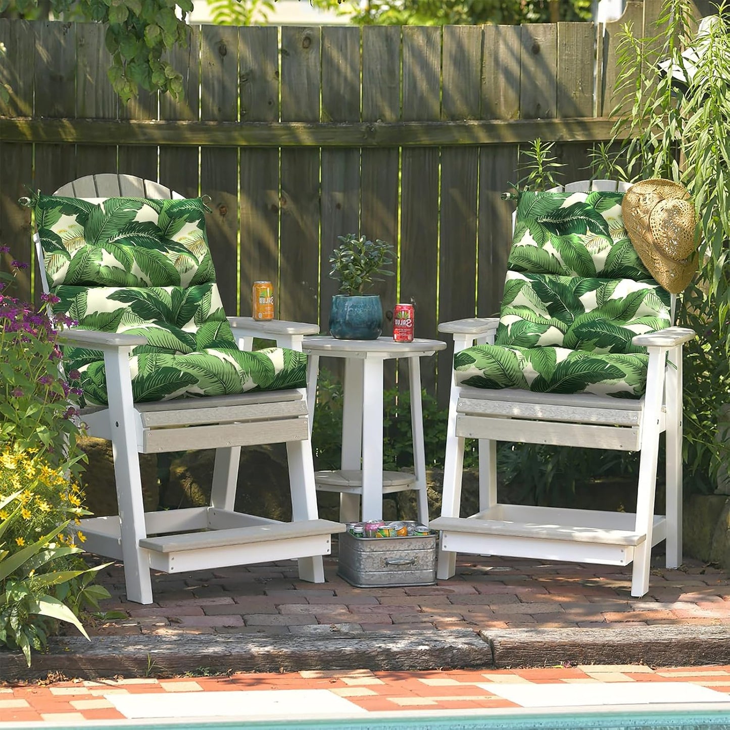 LVTXIII Outdoor Seat/Back Chair Cushion Patio Tufted High Back Cushion, Seasonal Replacement Rocking Chair Cushion with Ties (22” W x 20D”, Set of 2, Swaying Palms Green)