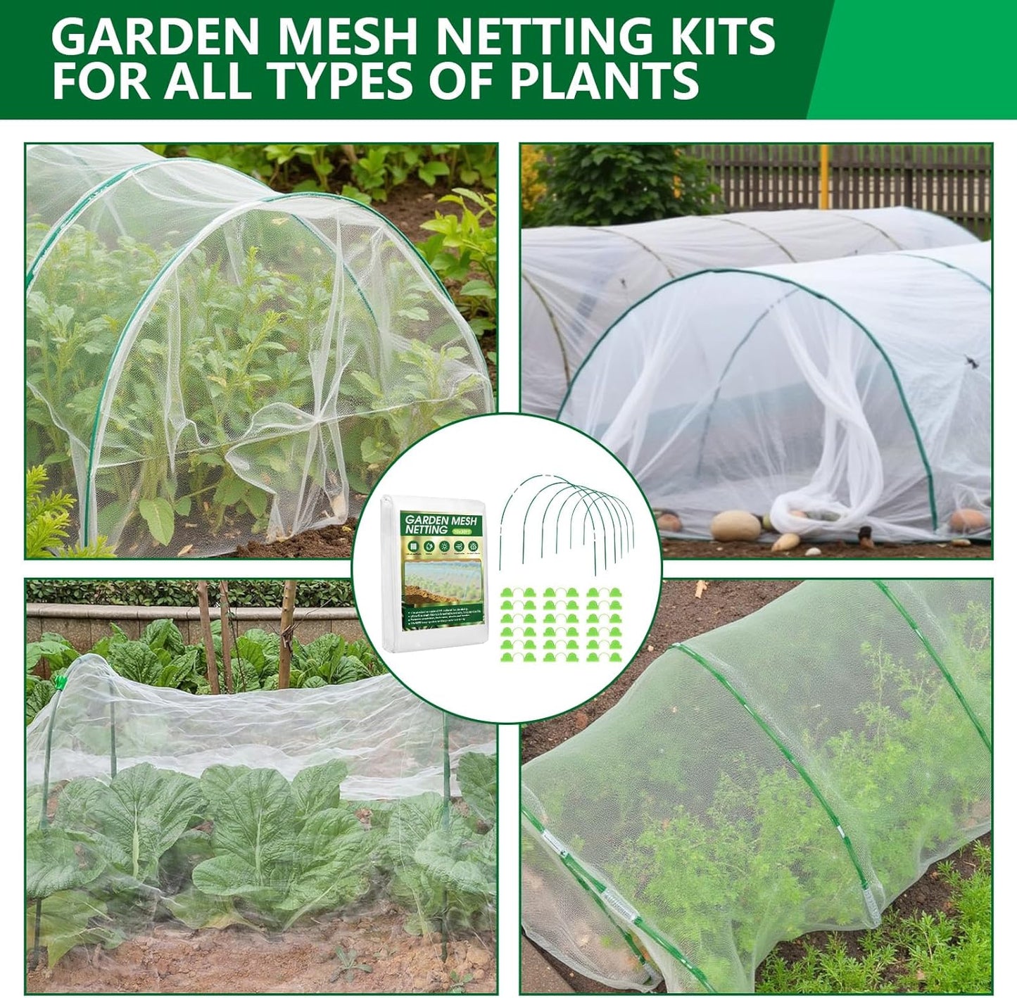 Garden Netting Kit for Raised Beds, 10x30FT Ultra Fine Mesh Netting& 6 Sets of 8FT Fiberglass Garden Hoops, Bird Barrier Protection Net Vegetable Plant Cover Fruit Flowers Row Cover