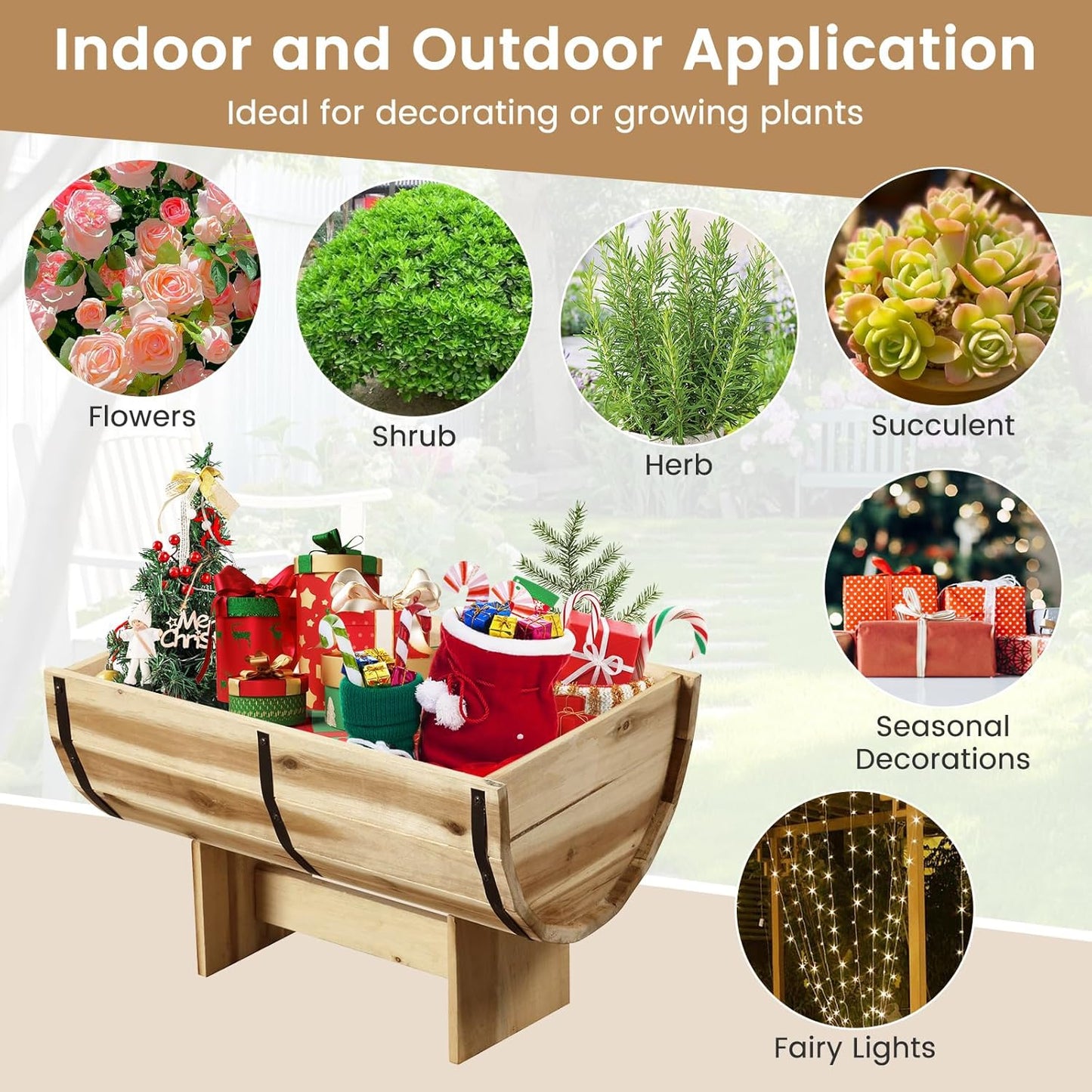 HAPPYGRILL Wooden Plant Pots, Solid Acacia Wood Half-Barrel Planting Flower Pot w/Legs, Drainage for Flower Vegetable Fruit, Outdoor Elevated Garden Bed, Decorative Planters for Indoor Plants (2)