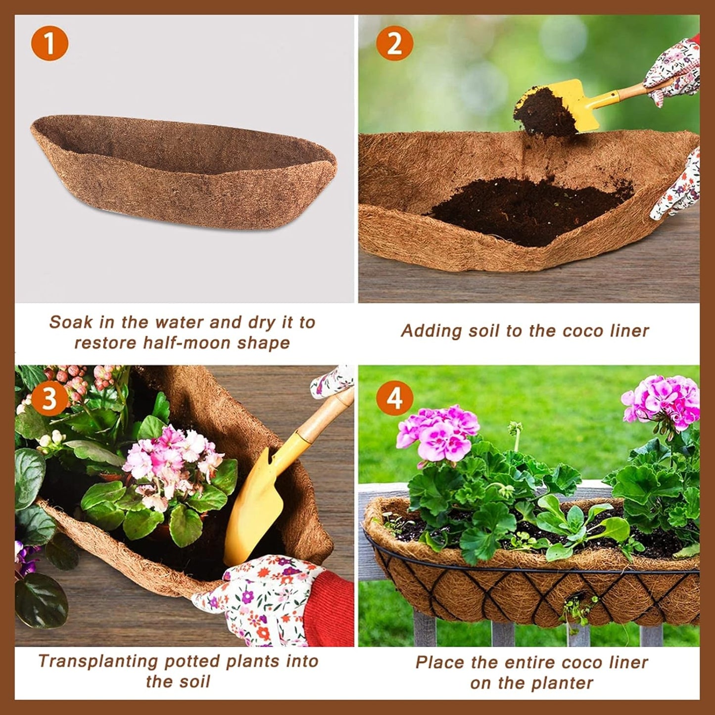 STONESTAR 2-Pack Coconut Liners for Planters 24 inch, Half-Moon Shape Window Box Liners Coconut Planter Liners Replacement, Trough Coco Liners for Planters Flower Baskets (24 inch)