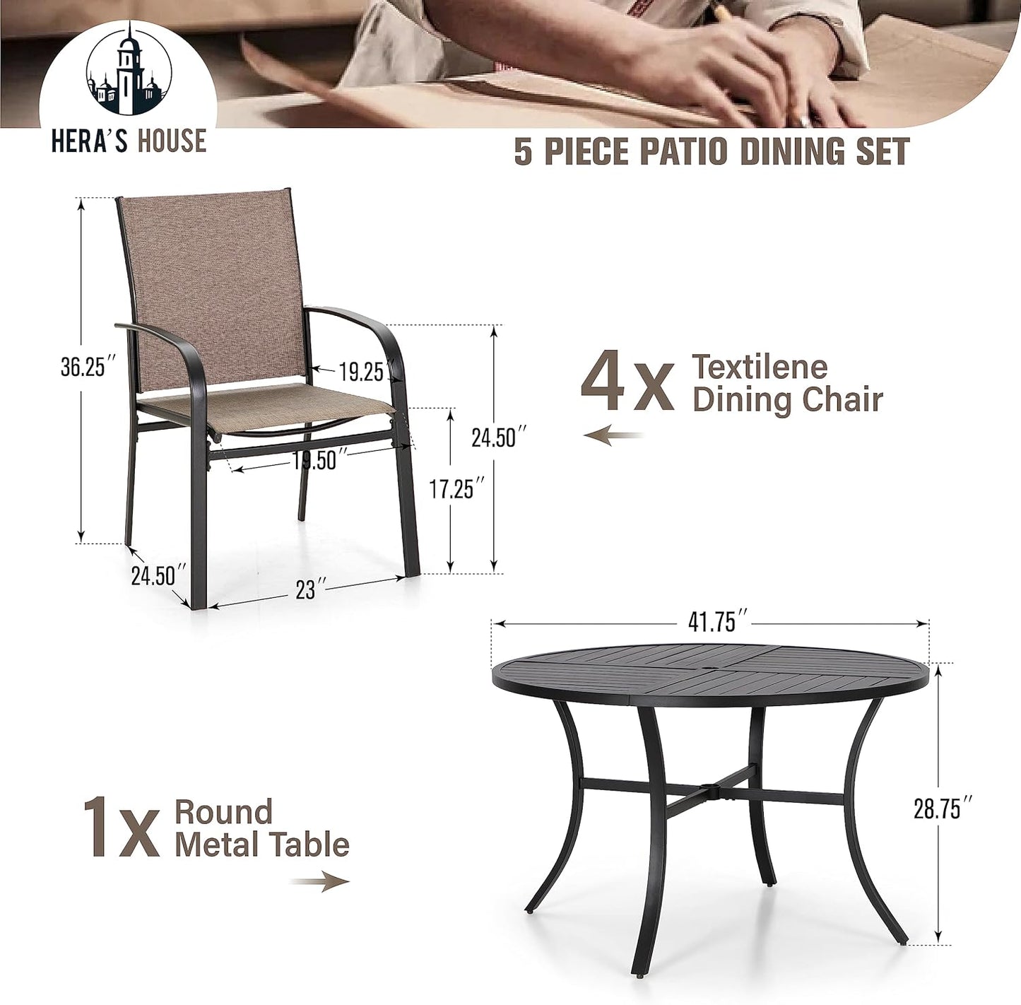 HERA'S HOUSE Round Patio Dining Set, 5 Piece Outdoor Metal Table and Chairs Set for Lawn Garden Backyard Deck