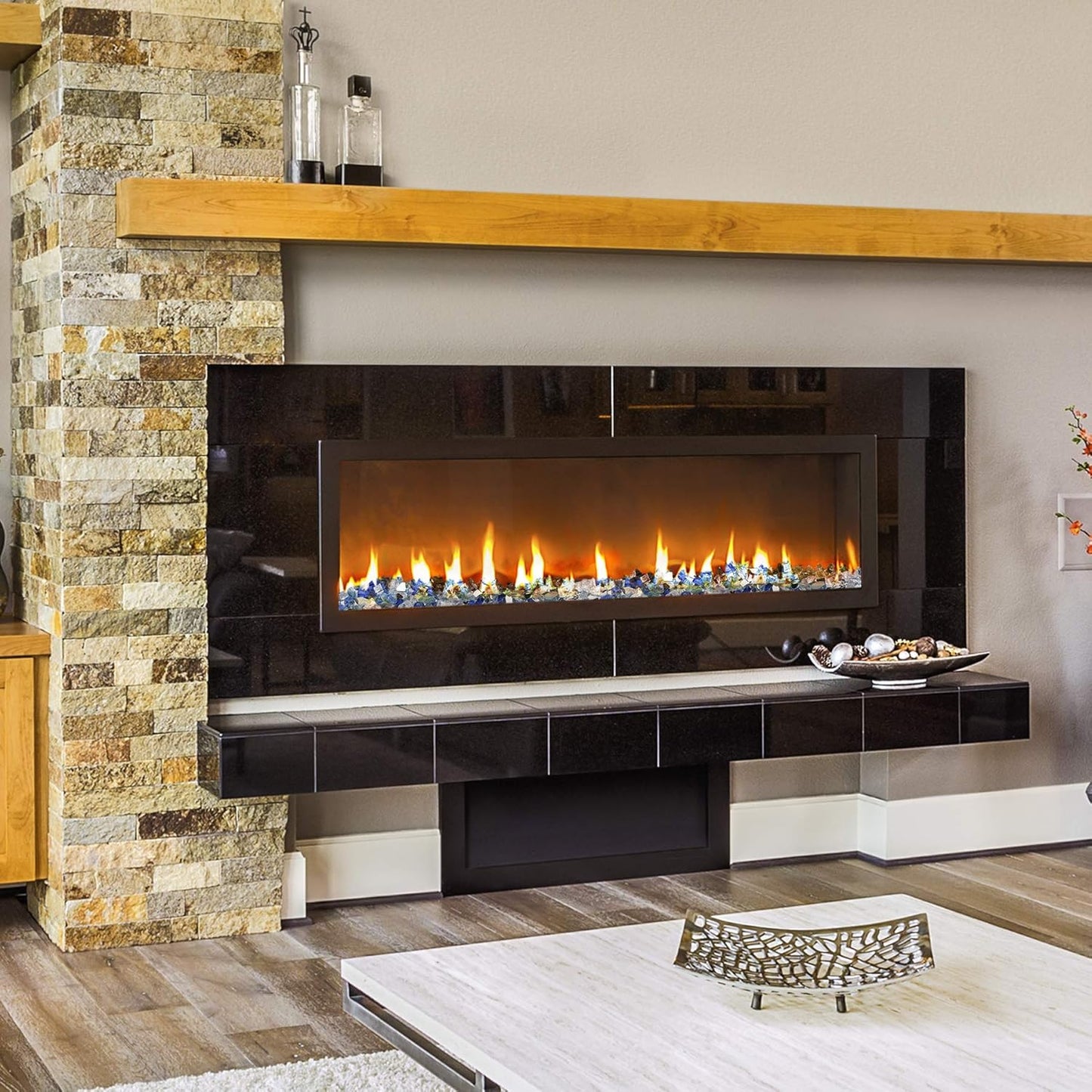 Mr. Fireglass 10 Pounds Blended Fire Glass - 1/2 Inch Mixed Colored High Luster Reflective Tempered Glass Rocks for Fireplace Fire Pit Table Fireplace and Landscaping, Aqua Blue+Cobalt Blue+Platinum