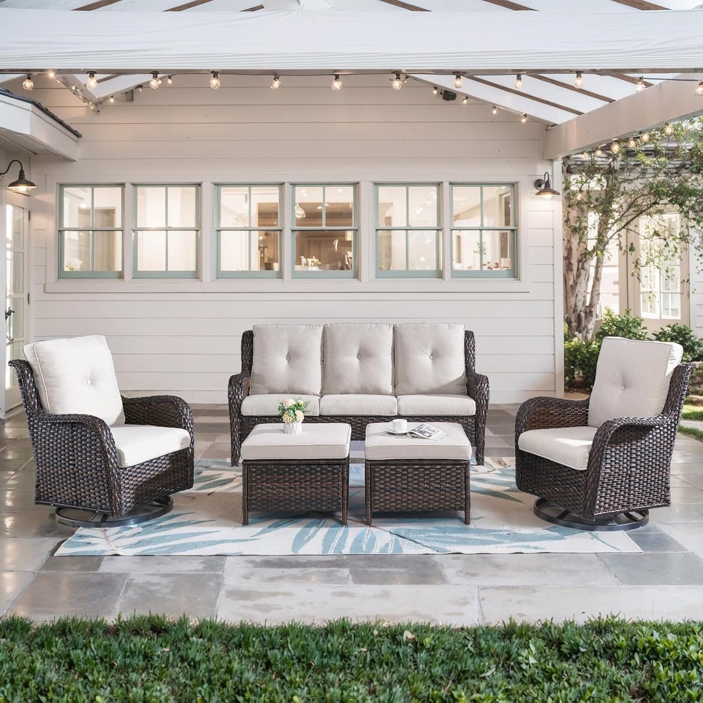 5 Piece Outdoor Patio Furniture Set - Wicker Furniture Patio Conversation Set, Outdoor Swivel Rocker Chairs with 3-Seater Sofa and 2 Ottomans for Small Space, Brown Wicker