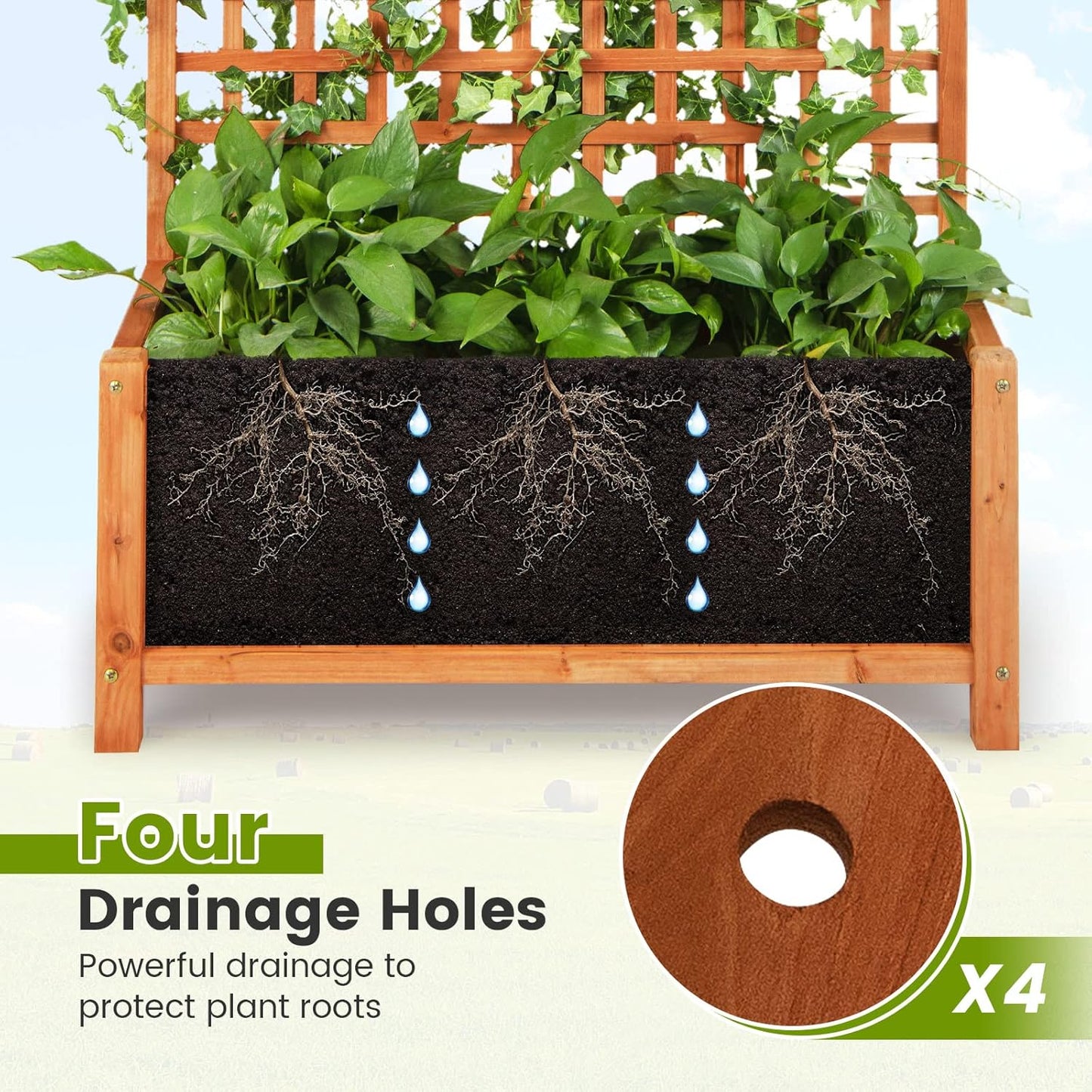 HAPPYGRILL Raised Garden Bed with Trellis, 72.5" Planter Raised Bed with Drainage Holes, Freestanding Garden Box for Vine Climbing Plants, Wooden Planter Box for Yard Balcony (1, Orange)