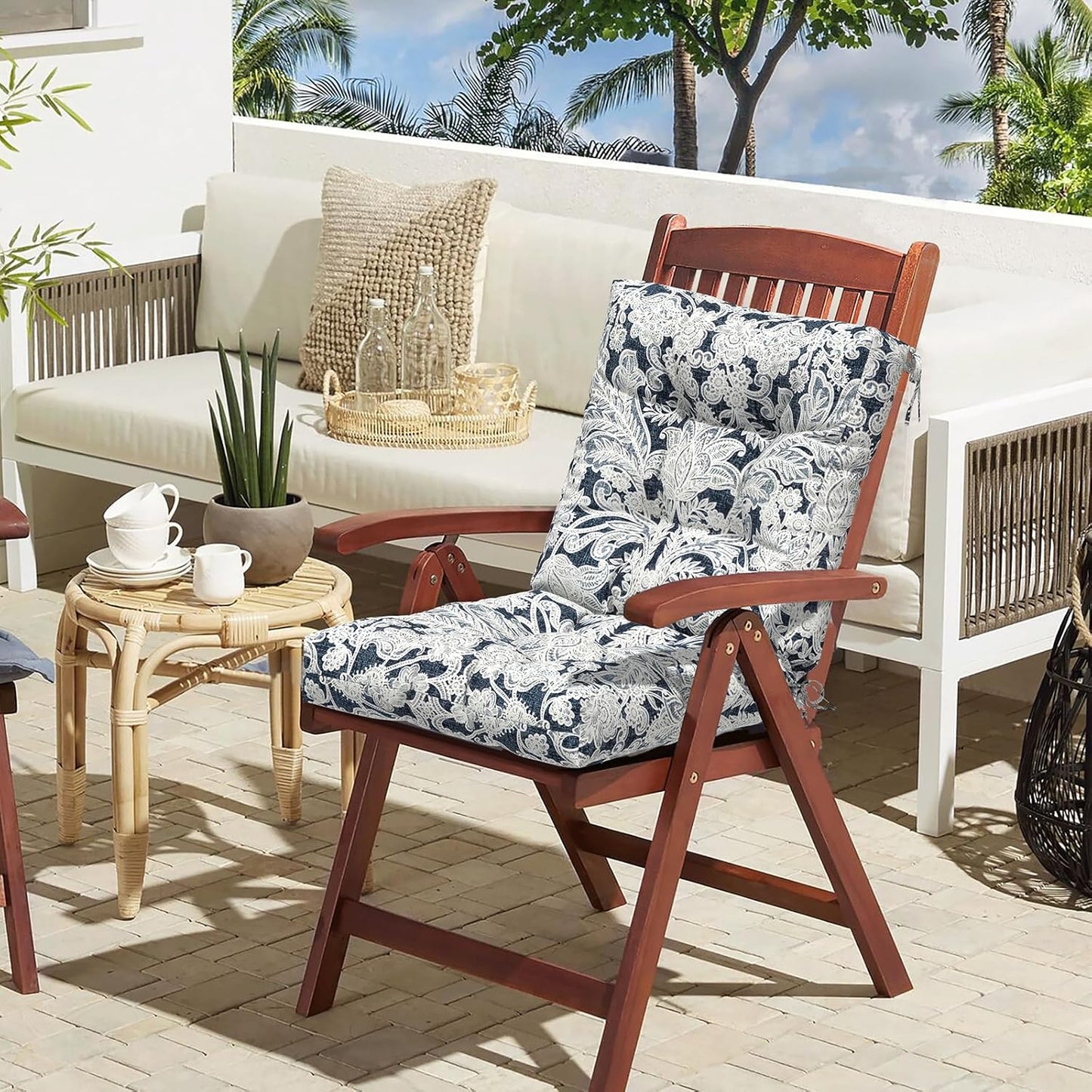 LVTXIII Outdoor Low Back Chair Cushions, Seasonal Replacement Adirondack Chair Cushion with Ties, Patio Waterproof Seat Cushions for Home Garden Use, 21 W x 21 D, Set of 2, Damask Lapis