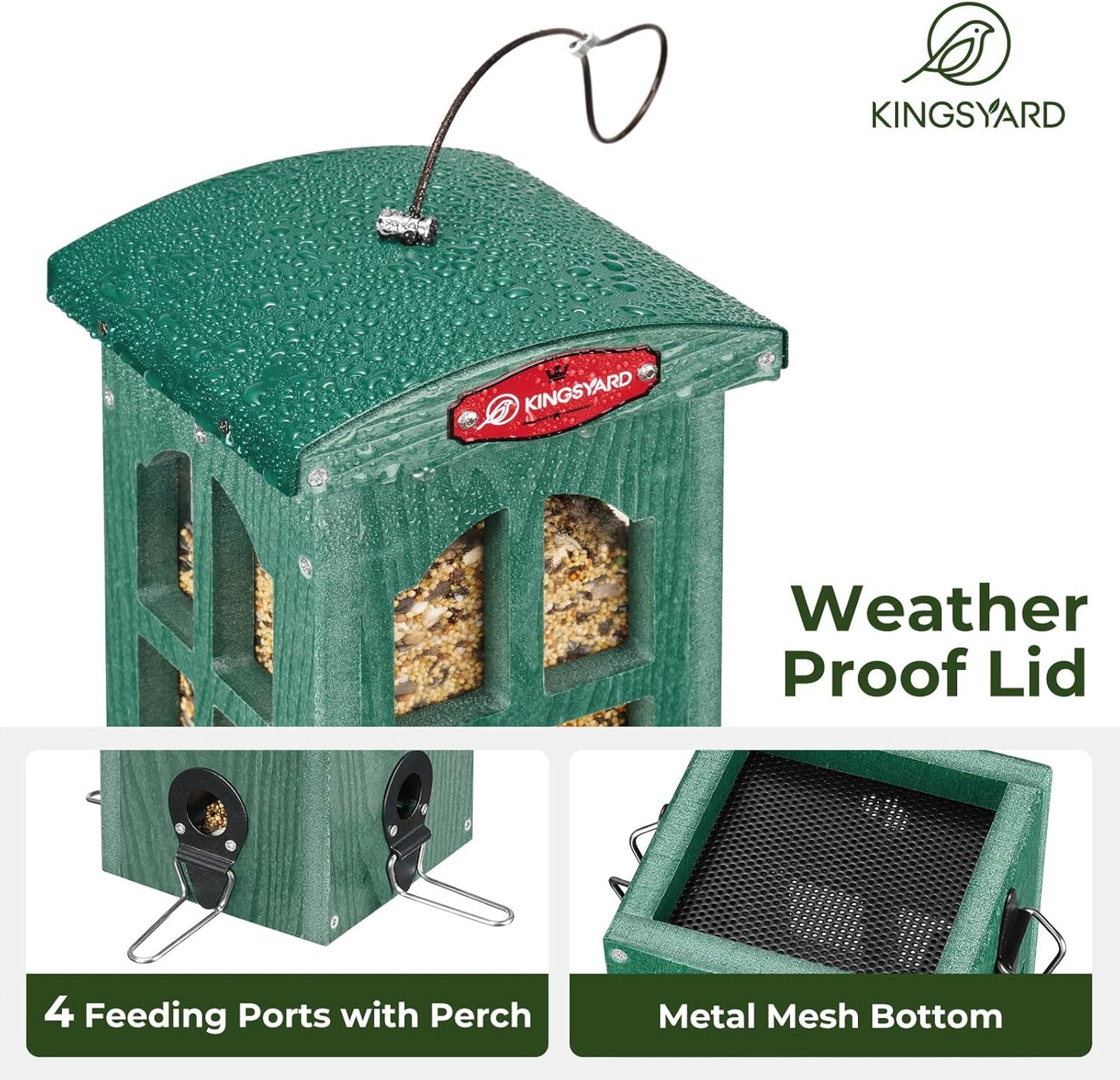 Kingsyard Upgraded Rainproof Bird Feeder for Outdoor Hanging - Metal Feeding Port, Recycled Plastic Wild Bird Feeder with Metal Mesh Tray for Goldfinch Small Bird, Garden Yard Decoration, Green