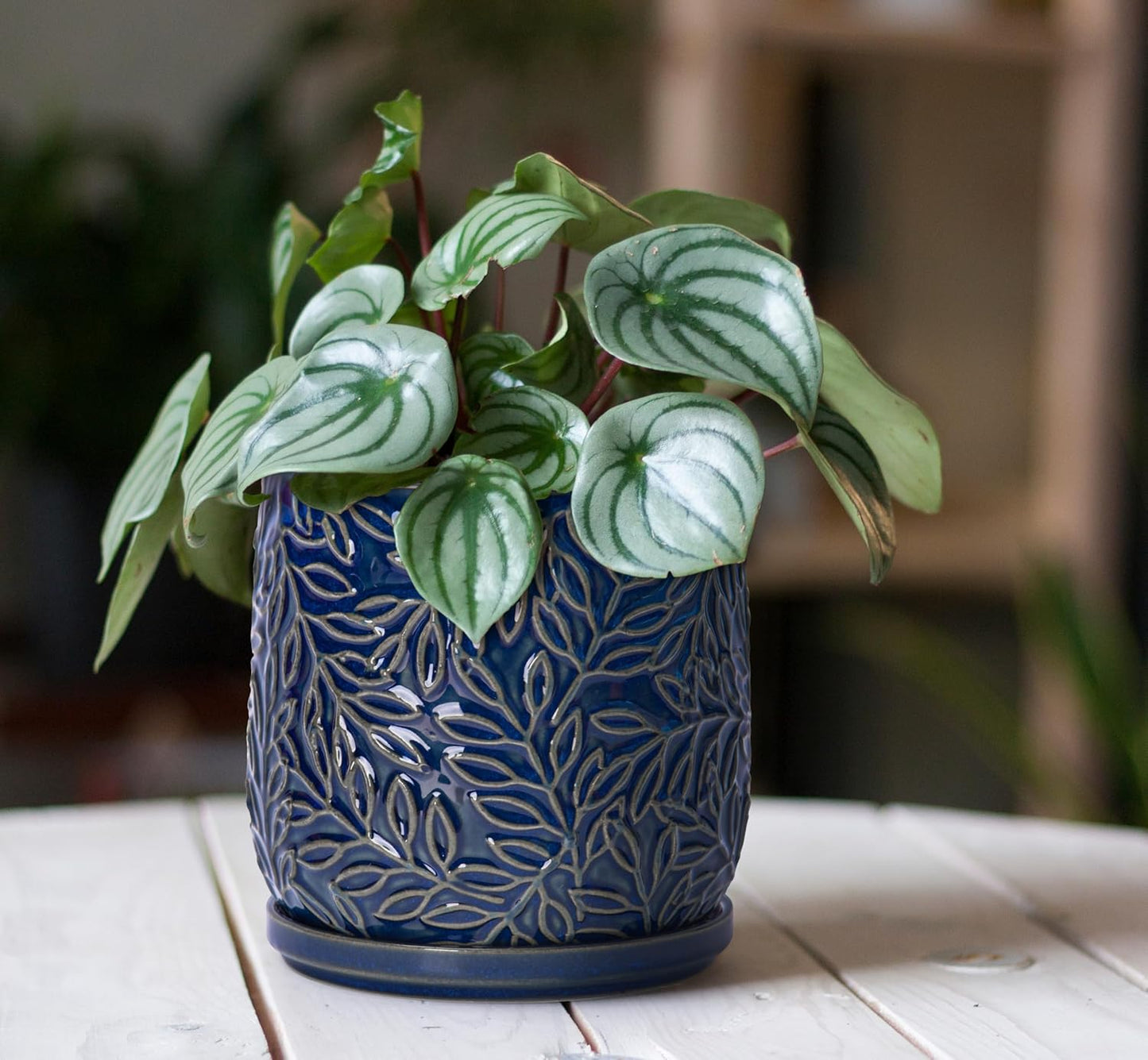 D'vine Dev 5 Inch Embossed Leaves Stoneware Planter Pot with Drainage Hole and Saucer, Midnight Blue, 27-A-V-3