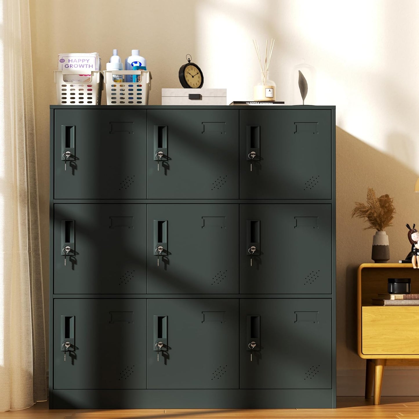 9 Doors Metal Lockers for Employees, Steel Storage Locker with Lock and Card Slot,Lockable Office Metal Storage for School Office Gym Bedroom,Garage (Black)