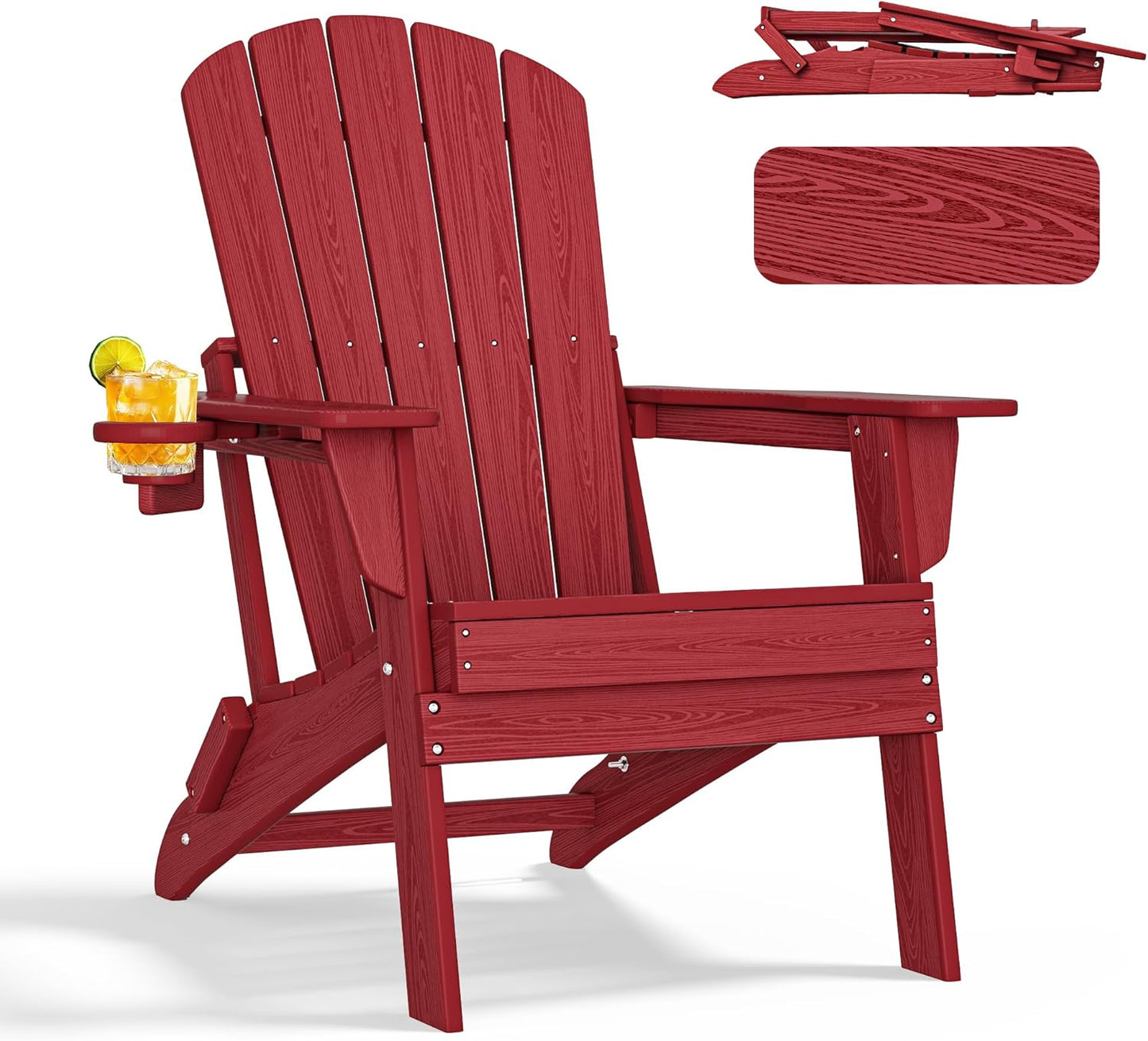 Folding Adirondack Chair with Cup Holder,HDPE All-Weather Patio Chairs,Plastic Outdoor Chairs- Looks Exactly Like Real Wood-Red