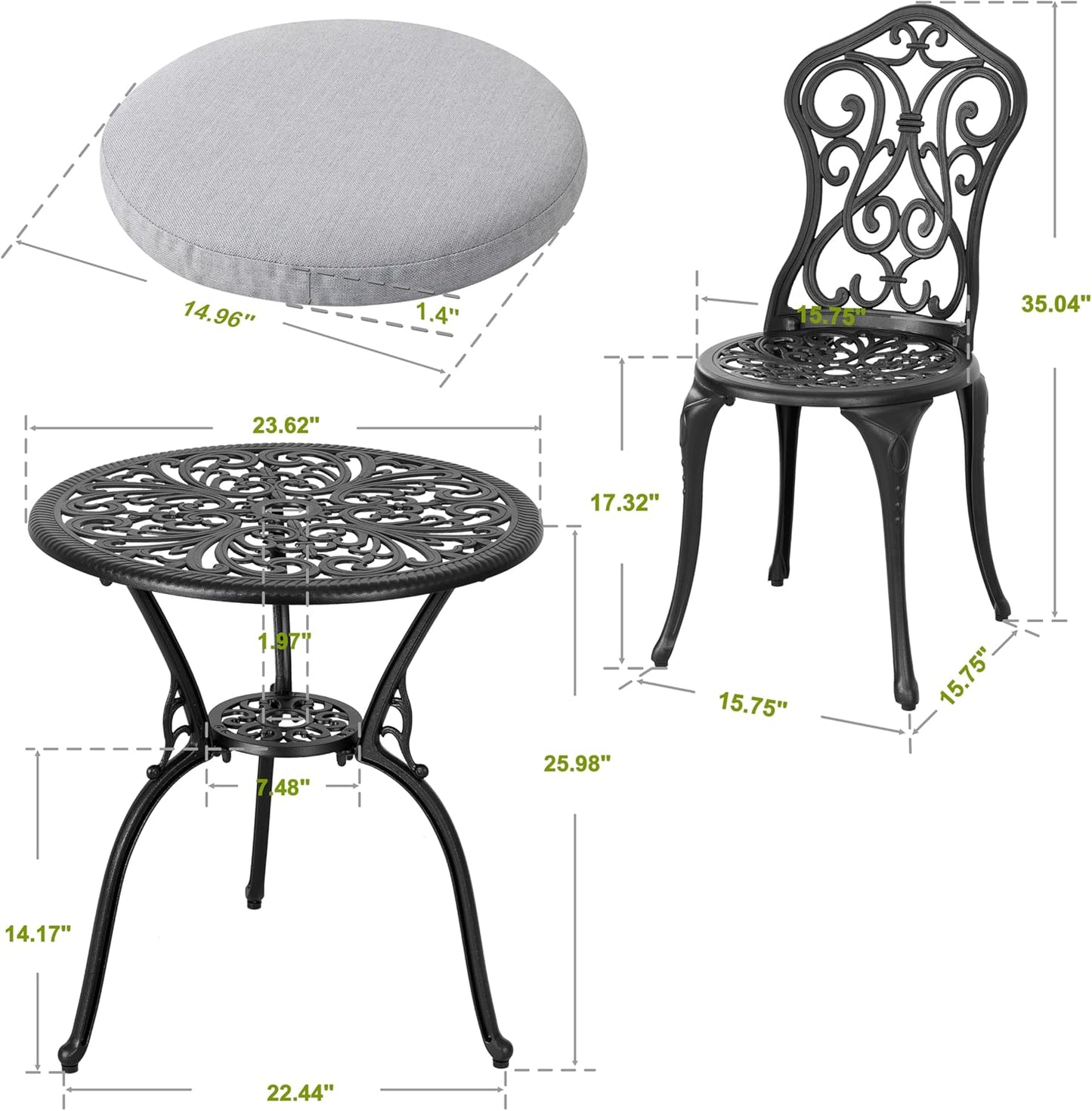 NUU GARDEN 3 Piece Outdoor Bistro Table Set, All Weather Cast Aluminum Patio Bistro Sets Patio Table and Chairs Set of 2 with Umbrella Hole for Yard, Garden, Balcony, Black