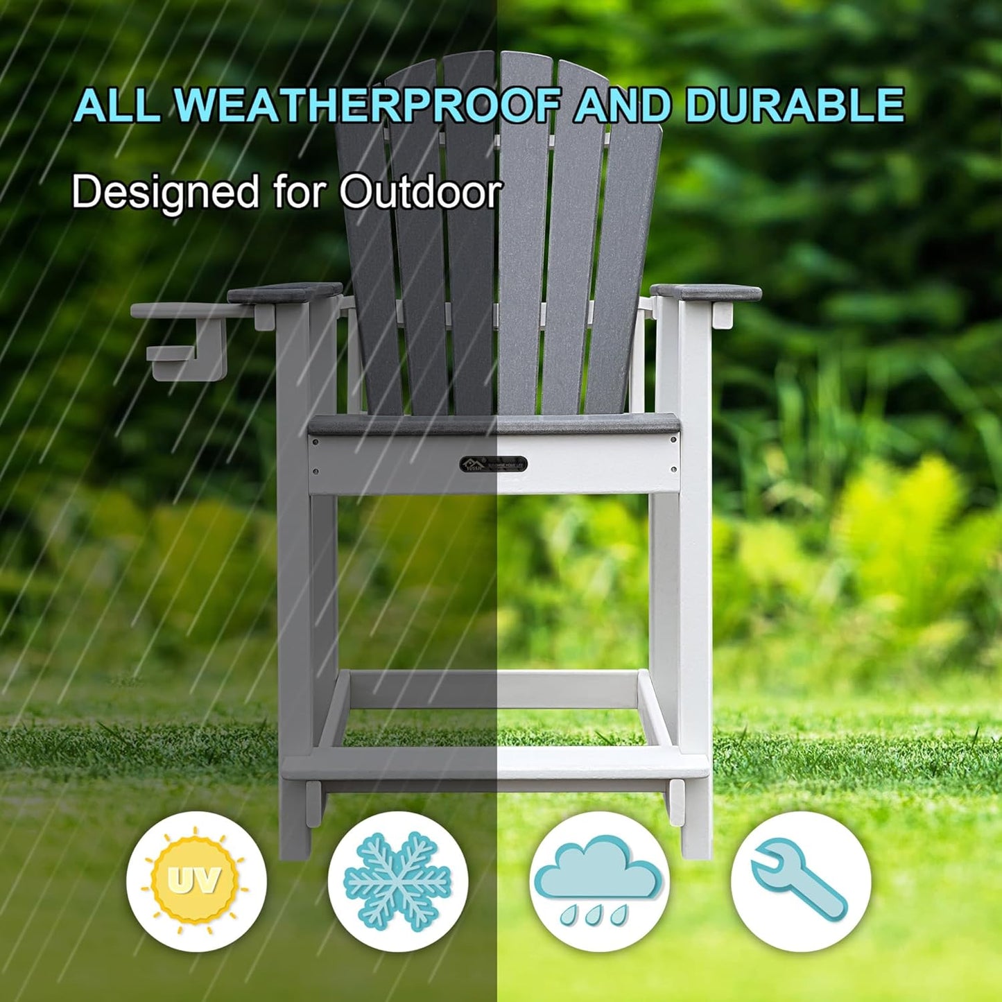 Tall Adirondack Chairs Set of 2, Adirondack Barstools, Weather Patio Garden Pool Fire Pit Balcony Outdoor Bar Stools HDPE Plastic Barstools with Backs for Garden, Backyard, Yard (Grey)