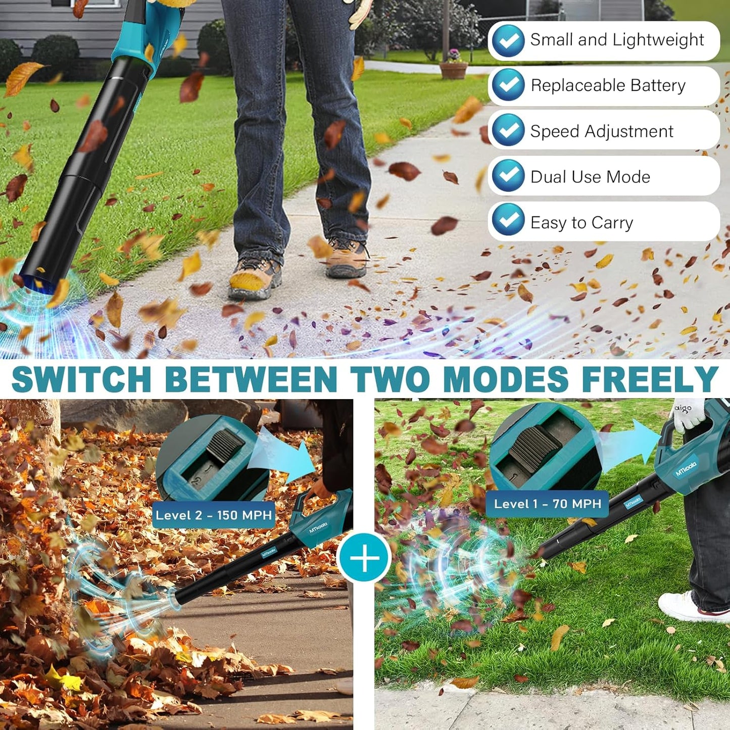 2025 Upgrade Leaf Blower,Leaf Blower Cordless with 2 * 2.6AH Batteries and Fast Charger, 450CFM &150MPH and 2 Speed Mode, Lightweight Electric Leaf Blowers for Lawn,Yard, Leaves, Dust,Snow Care (BLUE)