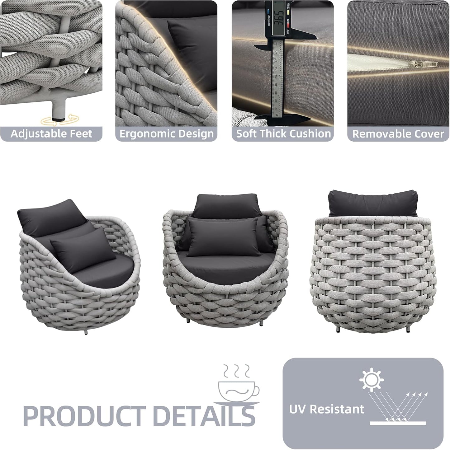 TWT 4 Pieces Patio Sofas All-Weather Teslin Rope Balcony Furniture with Dark Grey Cushions & Pillows, Patio Couch Outdoor Patio Furniture Set for Indoor, Balcony, Backyard, Deck, Poolside