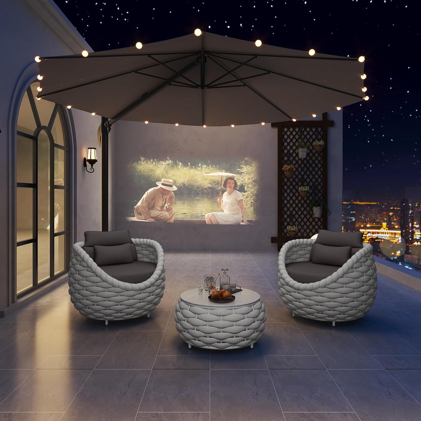 TWT 2 Pieces Patio Furniture Aluminum Armchair, All-Weather Teslin Rope Outdoor Single Sofa, Metal Outdoor Chair with Dark Grey Cushions