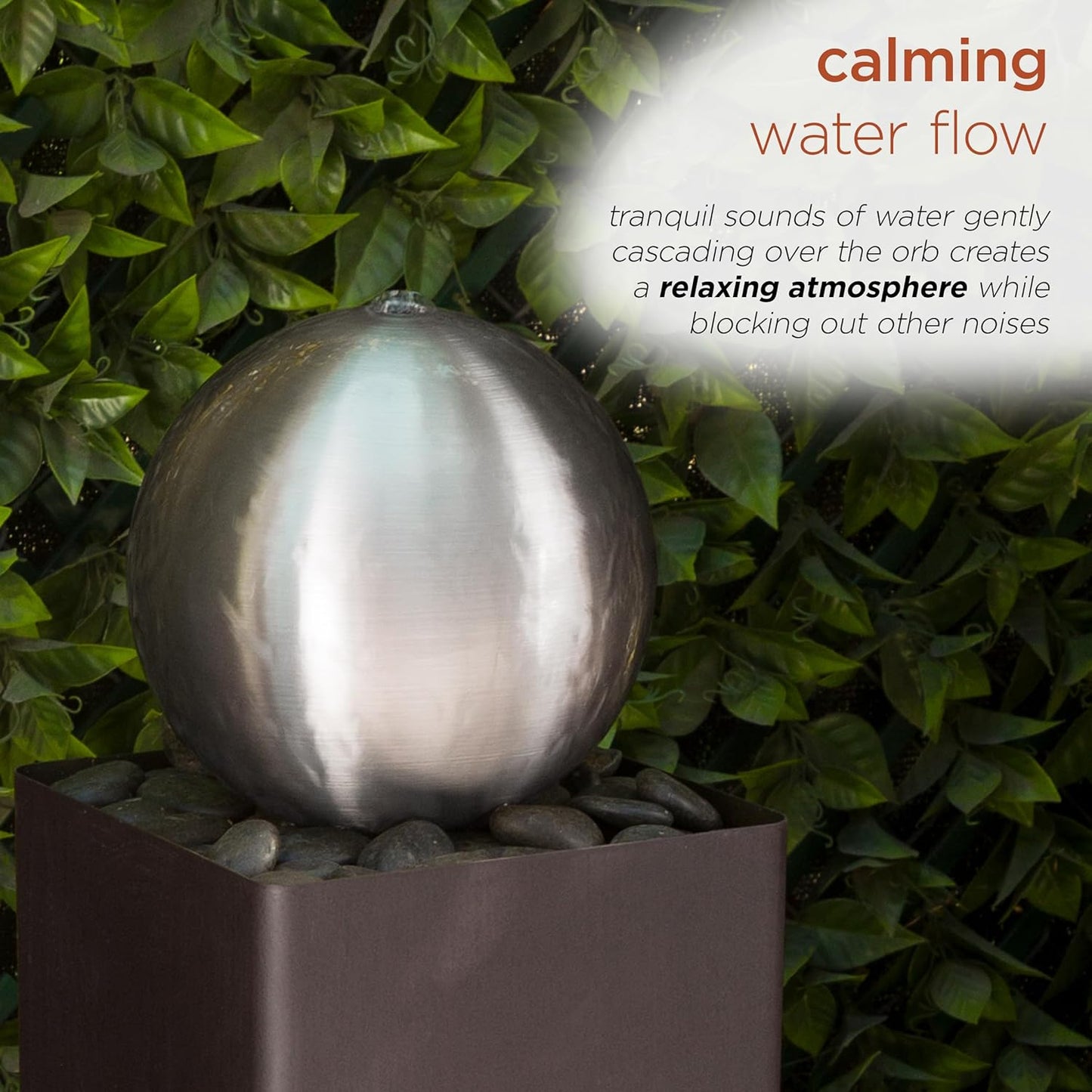 Alpine Corporation CPS188 Indoor Outdoor Modern Metal Orb Water Floor Fountain with River Rock Stone for Patio, Garden and Living Room, 37" H, Brown