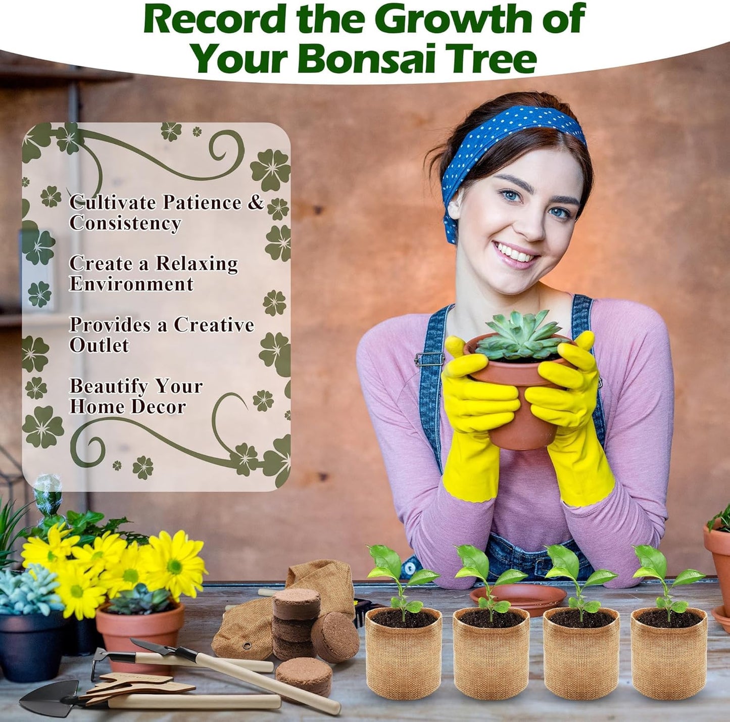 Bonsai Tree Kit, Wooden Bonsai Starter Kit, Coolrunner Bonsai Tree Starter Kit, Mini Bonsai Plant Growing Kit with Seeds Packets, Soil Discs, Jute Bags, Plant Markers, Gardening Tools etc (No Seeds)