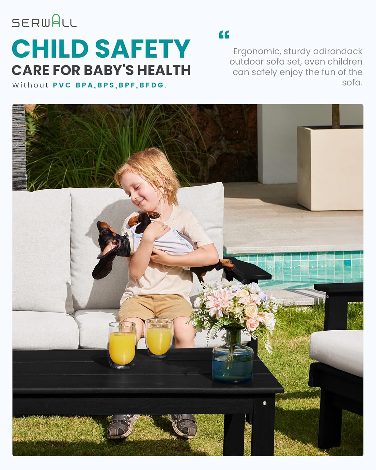 SERWALL HDPE Outdoor Patio Loveseat, Black Frame and Khaki Cushion