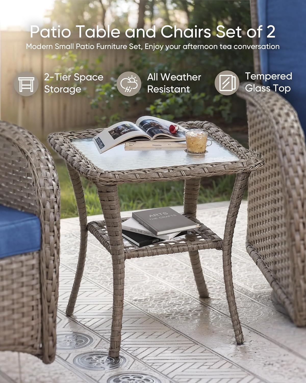 HUMMUH 7 Pieces Wicker Patio Conversation Set Outdoor Glider Loveseat with Patio Swivel Rocking Chairs Outdoor Patio Set for Deck Lawn Porch Balcony Poolside-Grey/Blue