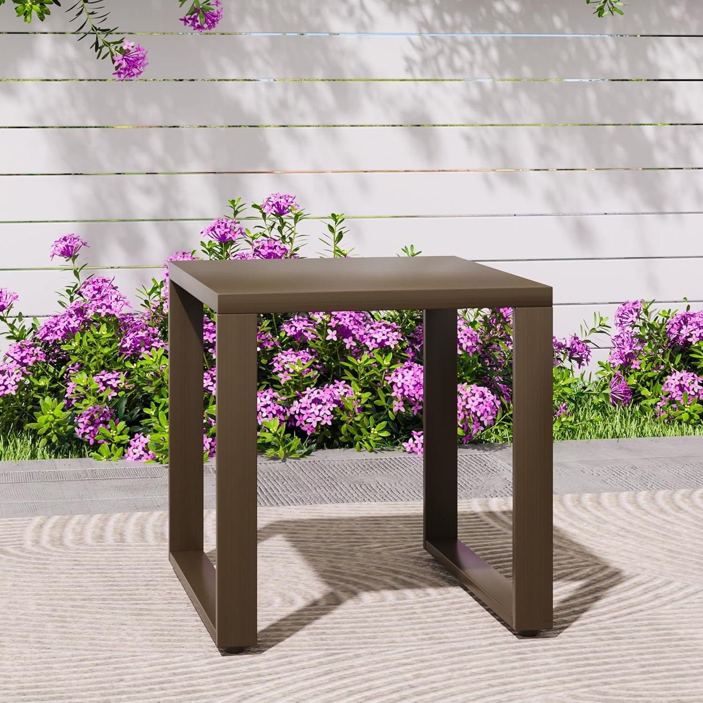 Outdoor Metal Side Table - 20"x 20" Small Square Coffee Table Patio Bistro Set Ideal Match for Patio Furniture, Wood-Looking Brown