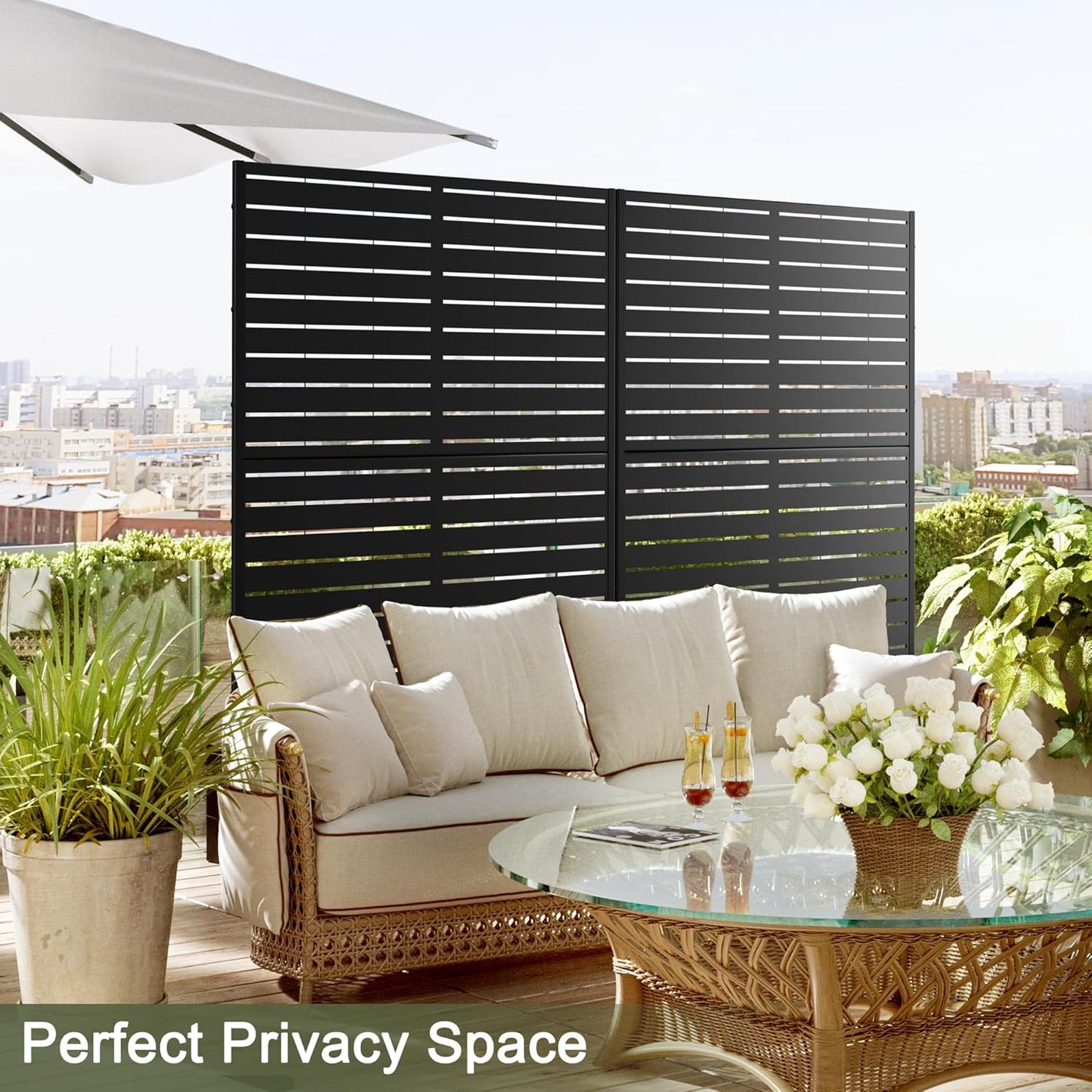 Metal Privacy Screen Outdoor 72" H×47" W,Freestanding Decorative Privacy Screen for Balcony Yard&Garden,Privacy Fence-Black&Louvered
