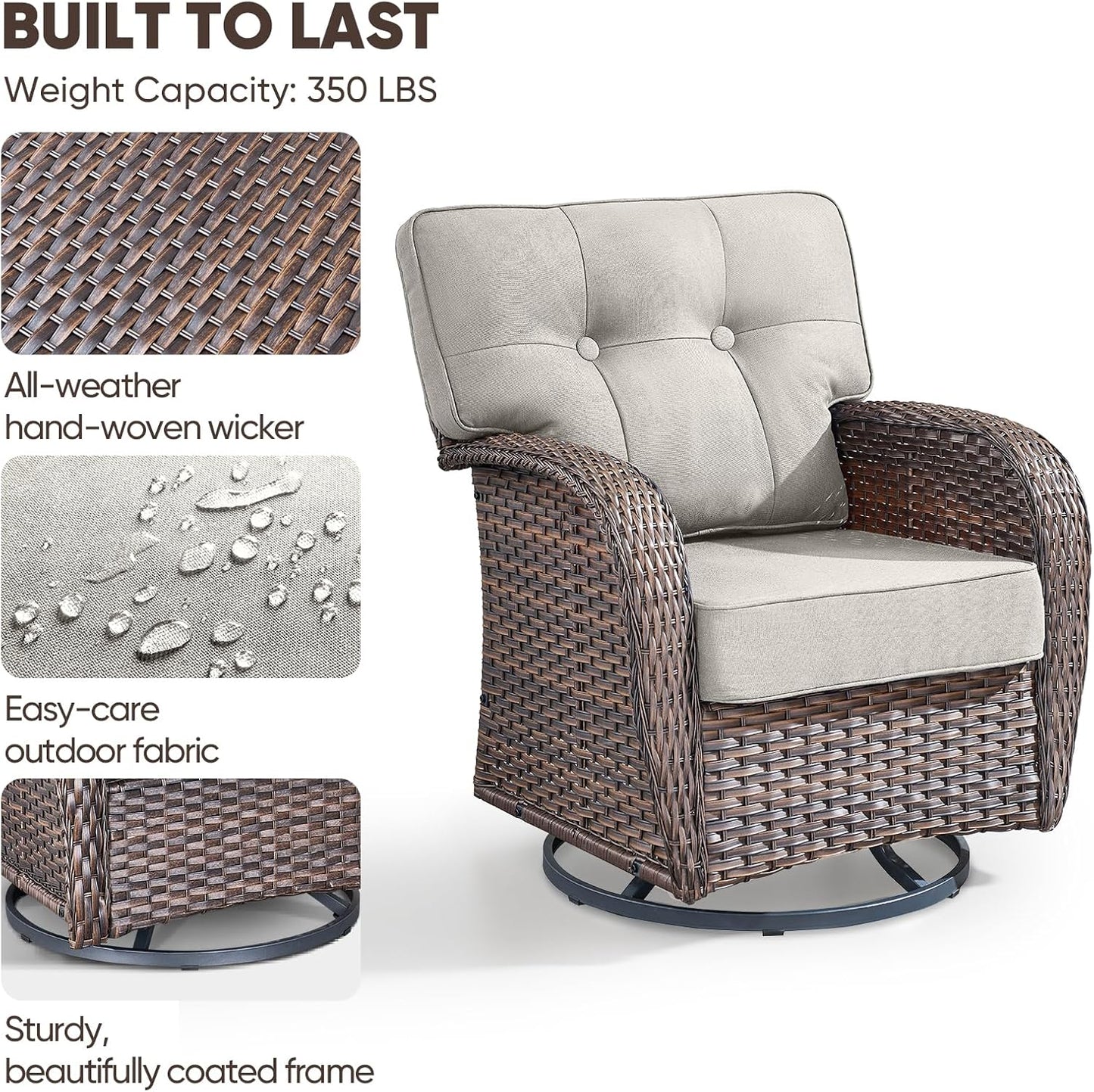 9-Piece Rotating Balcony Chair Set with 31-inch T-Shaped Wide backrest - Rattan Outdoor Rotating Balcony Chairs, Wide backrest Comfortable Outdoor Sliding Chair - Brown | Beige