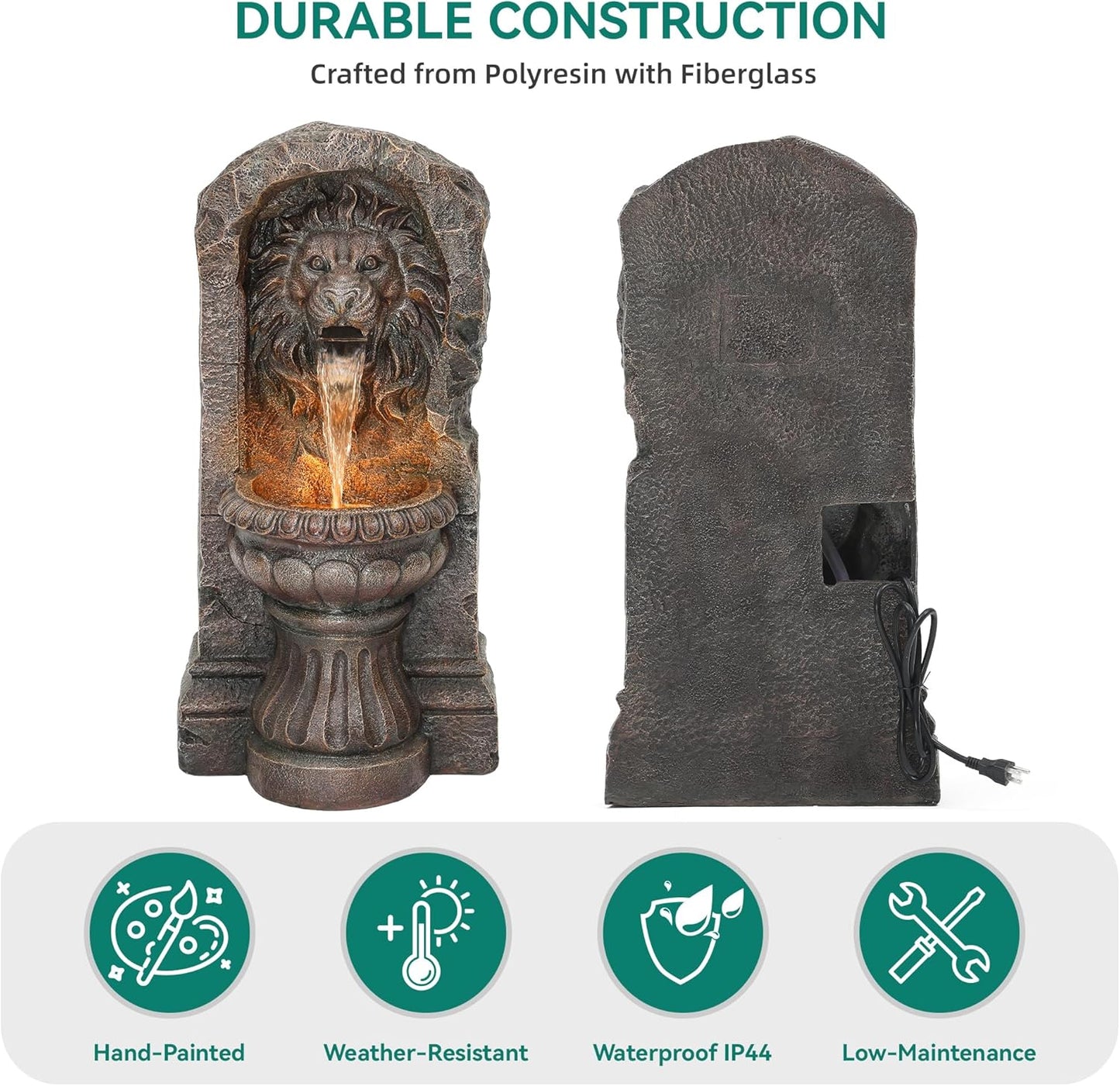 30" Lion Head Outdoor Water Fountain with LED Lights, 2-Tier Resin Garden Fountain, Tranquil Cascading Waterfall for Patio Yard Deck or Porch, Faux Bronze Finish, Weather-Resistant