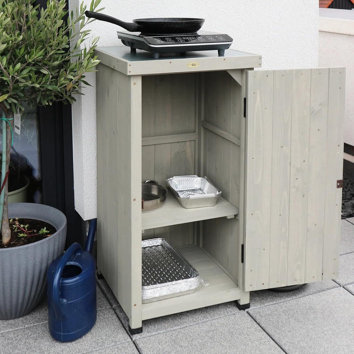 Outdoor Storage Cabinet for Patio, Garden Potting Bench Table with Shelves & Metal-Tabletop, Wooden Planting Work Station, Weatherproof