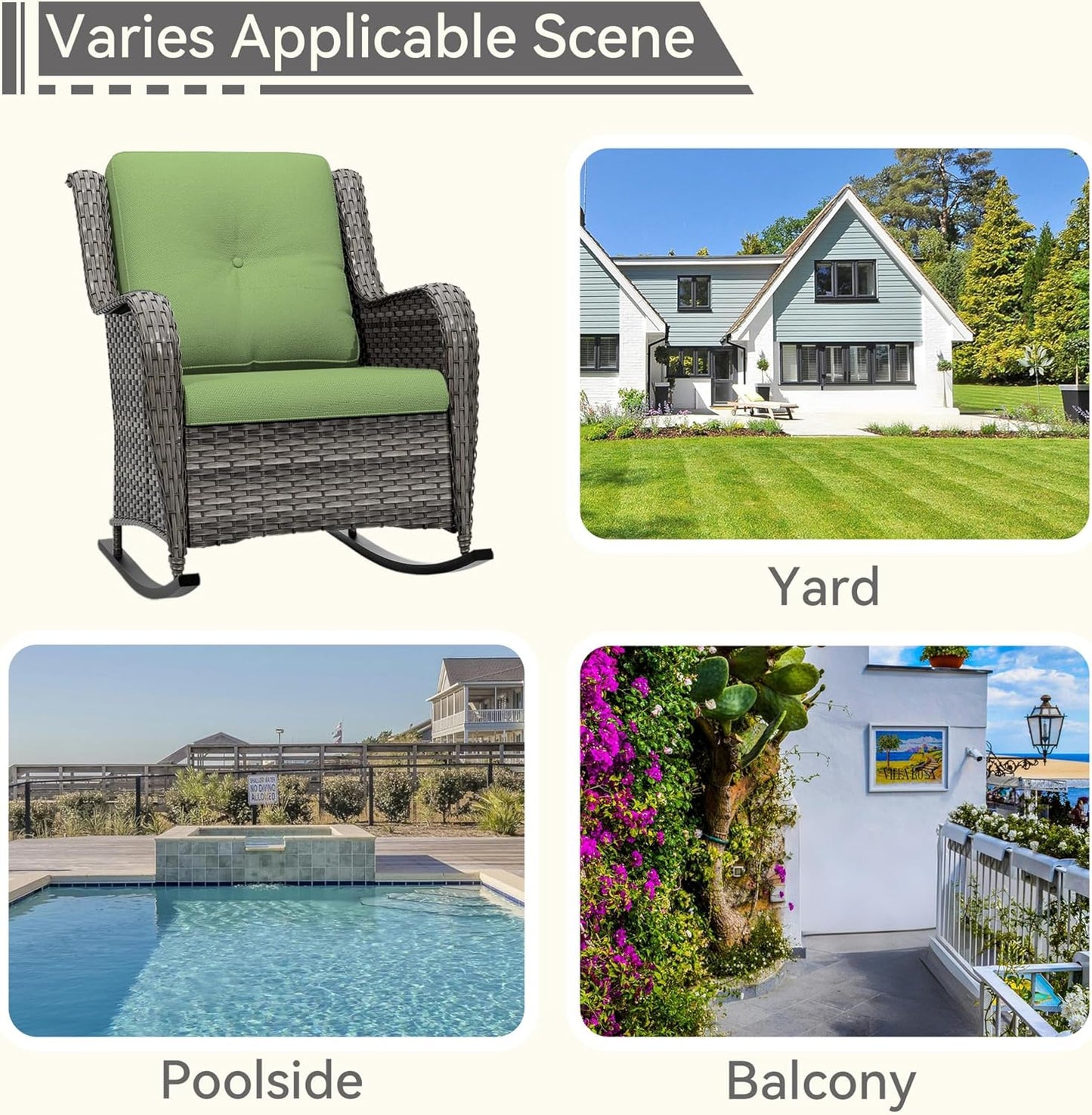 1 PC Outdoor Rocking Chair, Wicker Patio Rocker Chair for Yard, Porch, Mixed Brown Grey Rattan, Green Cushions